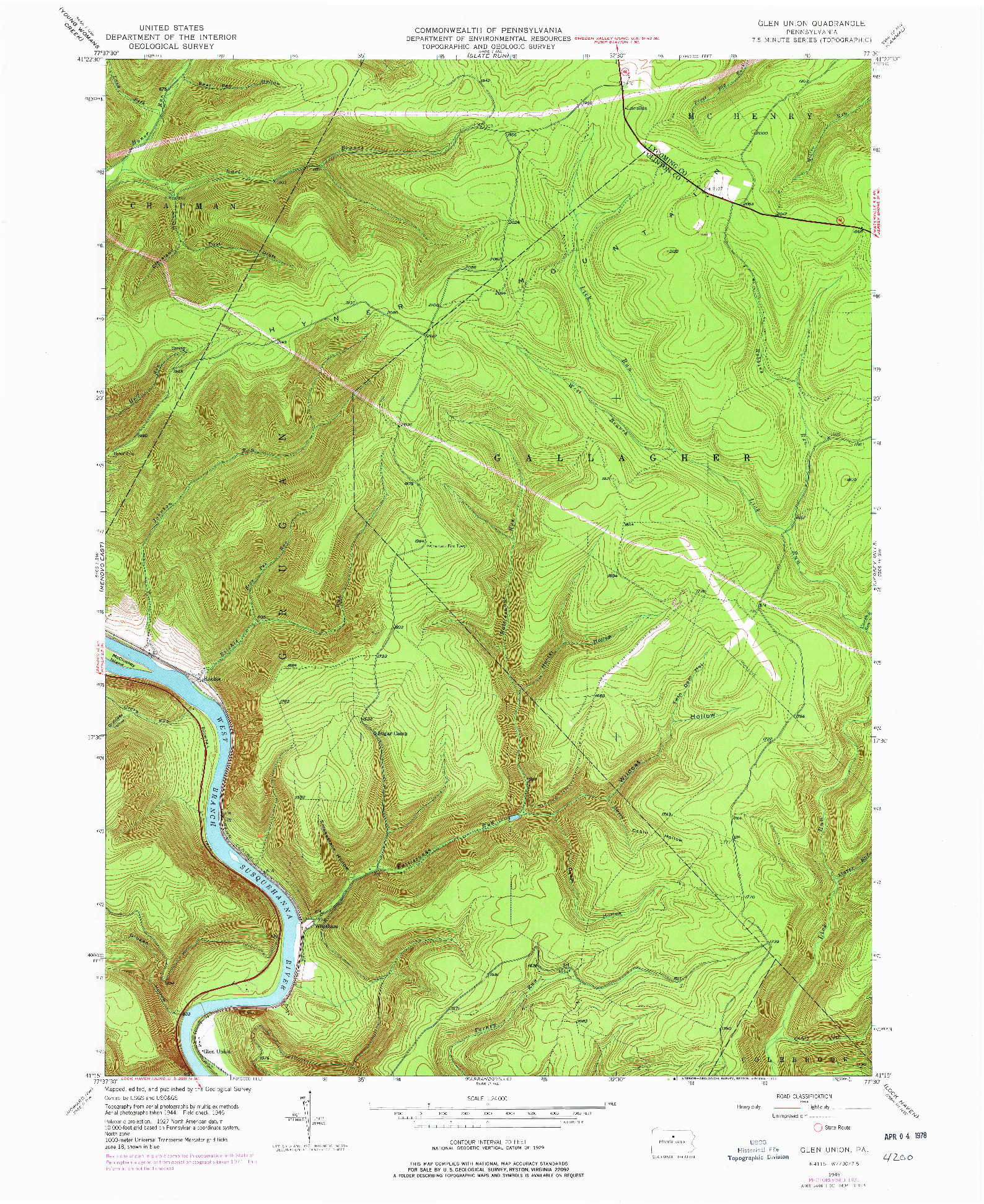 USGS 1:24000-SCALE QUADRANGLE FOR GLEN UNION, PA 1946