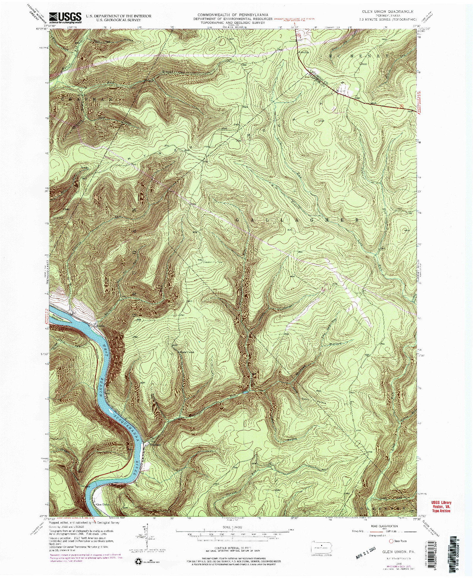 USGS 1:24000-SCALE QUADRANGLE FOR GLEN UNION, PA 1946