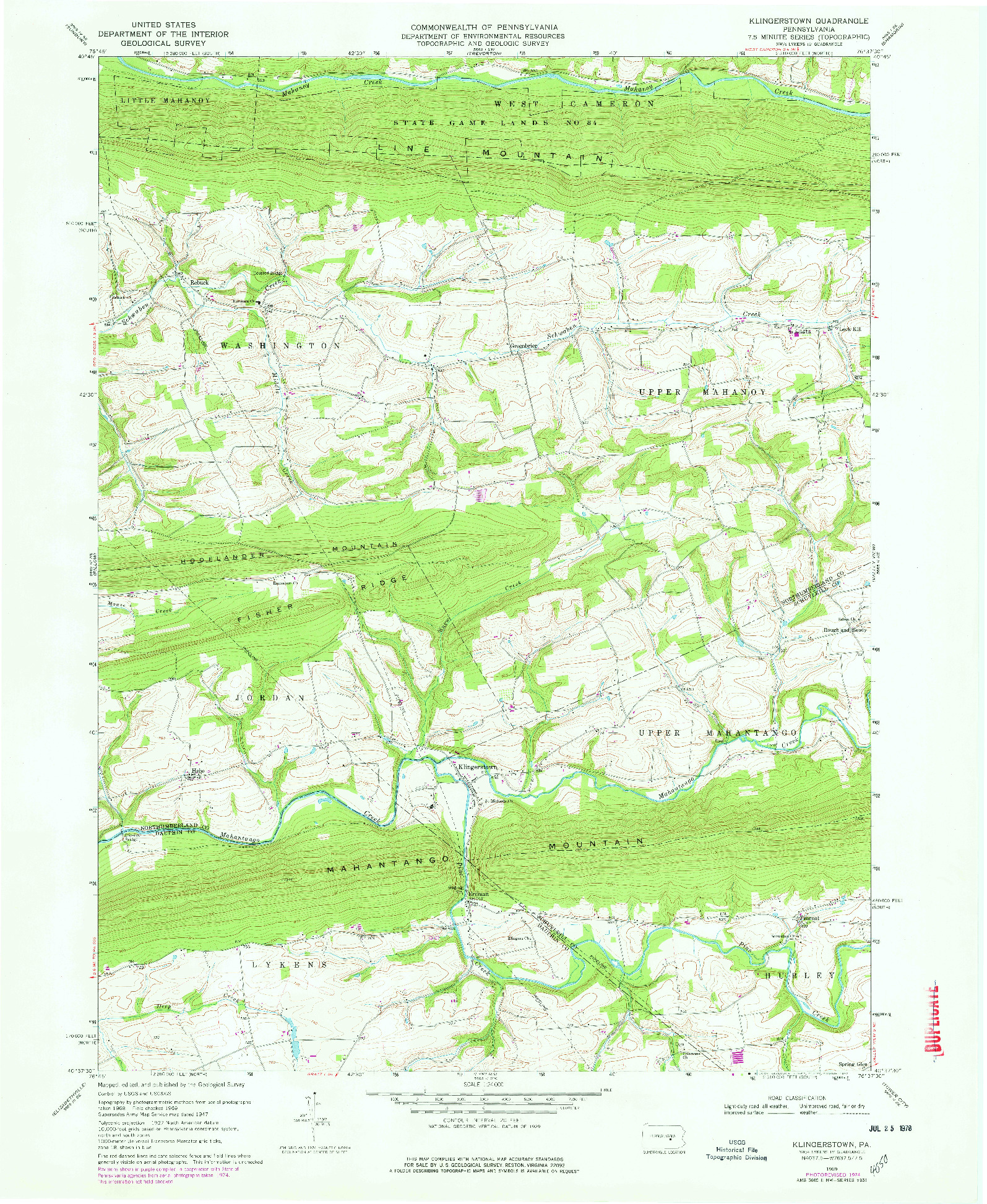 USGS 1:24000-SCALE QUADRANGLE FOR KLINGERSTOWN, PA 1969