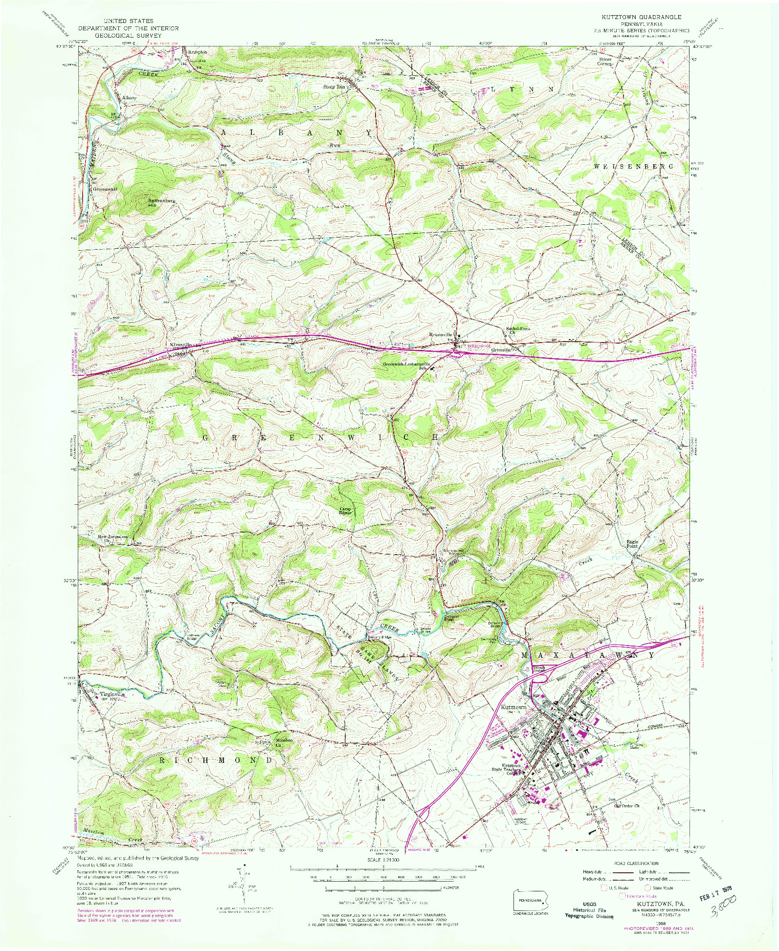 USGS 1:24000-SCALE QUADRANGLE FOR KUTZTOWN, PA 1956