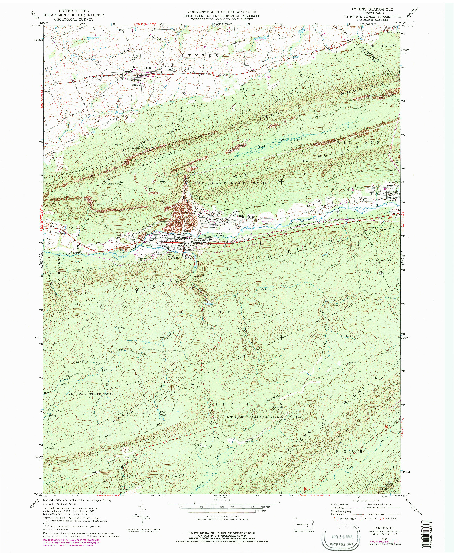 USGS 1:24000-SCALE QUADRANGLE FOR LYKENS, PA 1969