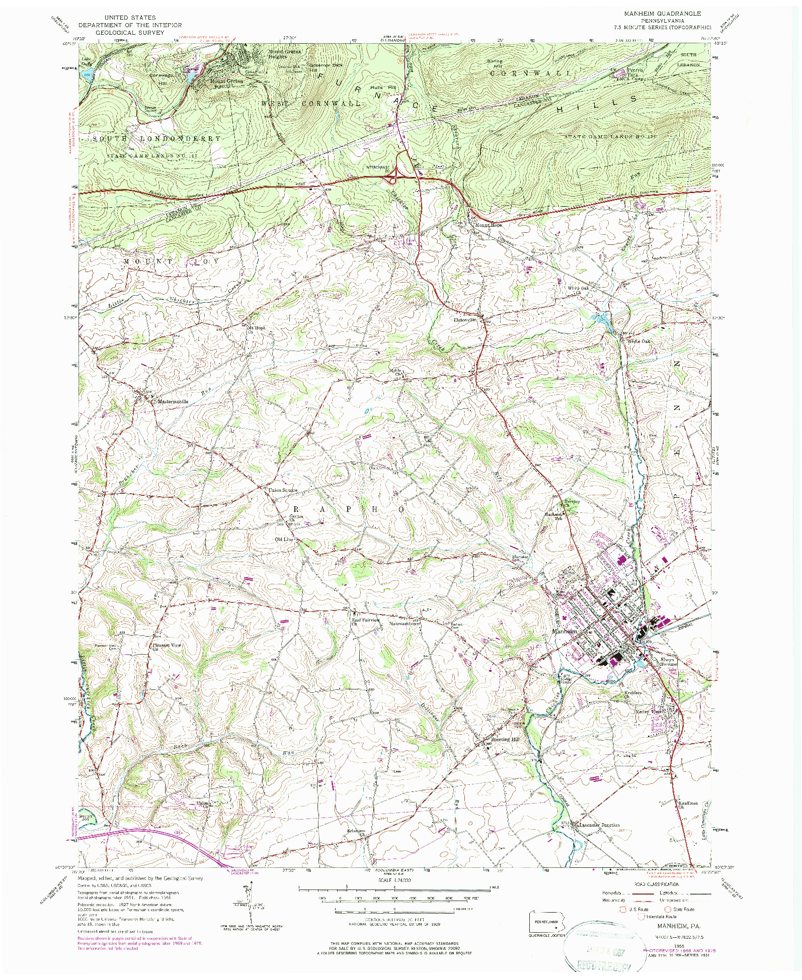 USGS 1:24000-SCALE QUADRANGLE FOR MANHEIM, PA 1955