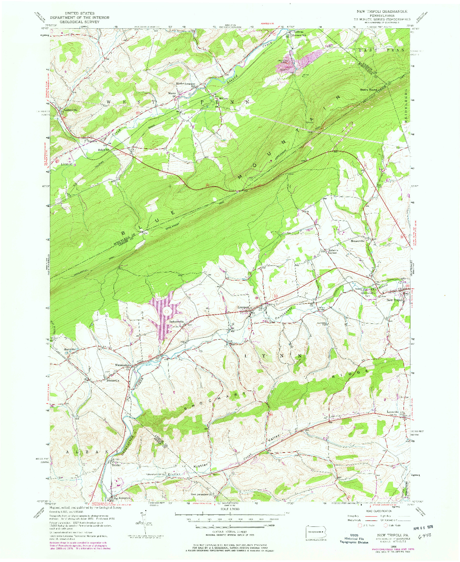 USGS 1:24000-SCALE QUADRANGLE FOR NEW TRIPOLI, PA 1956