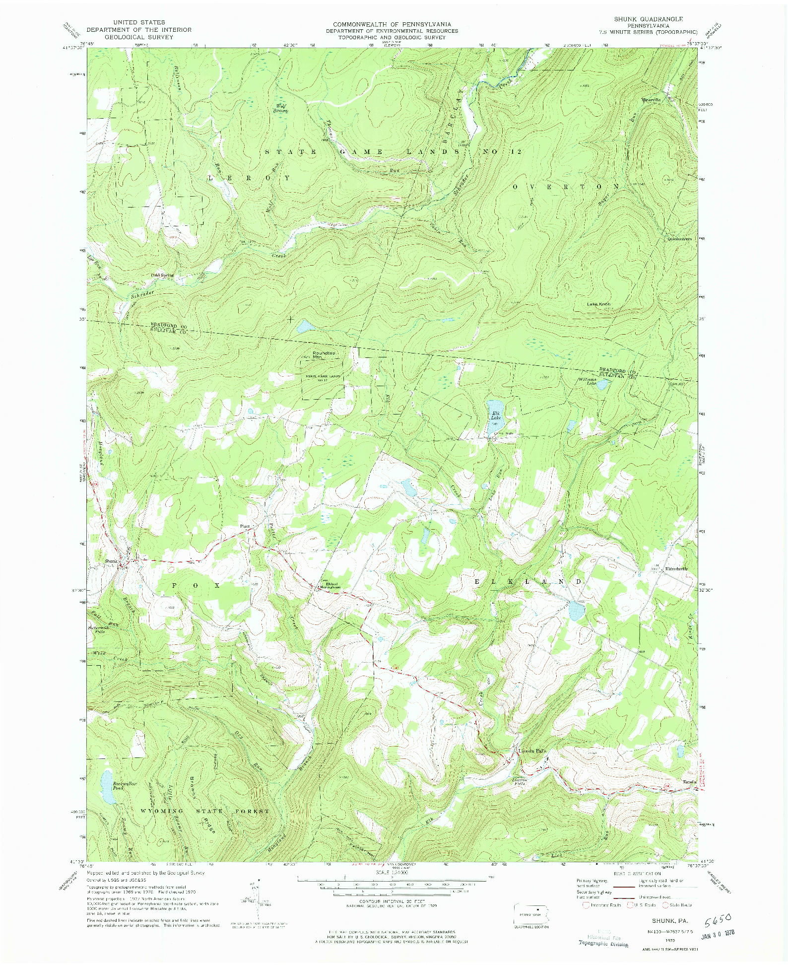 USGS 1:24000-SCALE QUADRANGLE FOR SHUNK, PA 1970