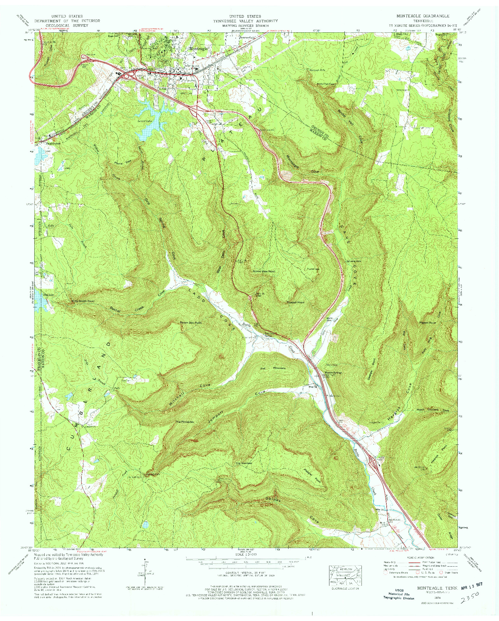 USGS 1:24000-SCALE QUADRANGLE FOR MONTEAGLE, TN 1974