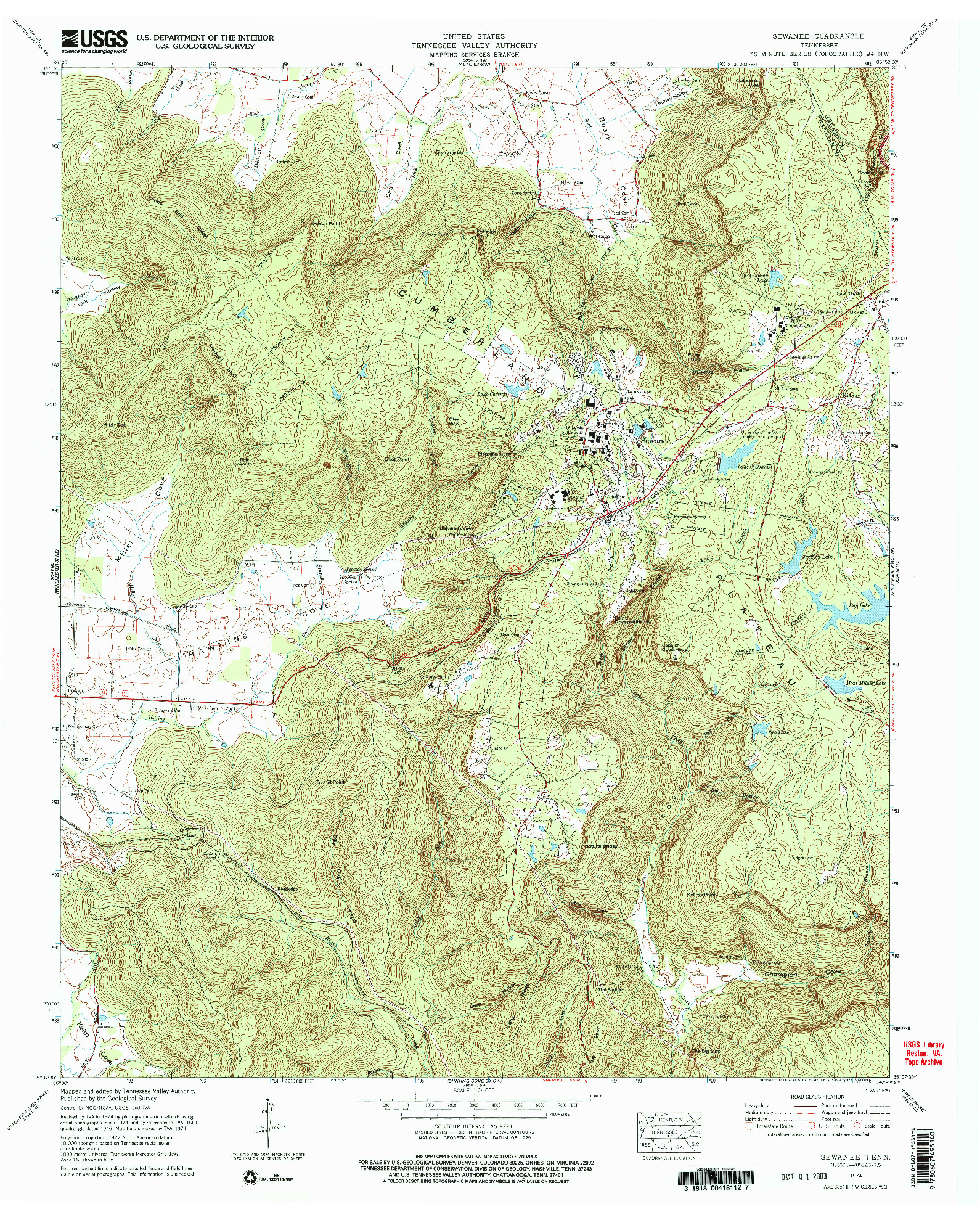 USGS 1:24000-SCALE QUADRANGLE FOR SEWANEE, TN 1974