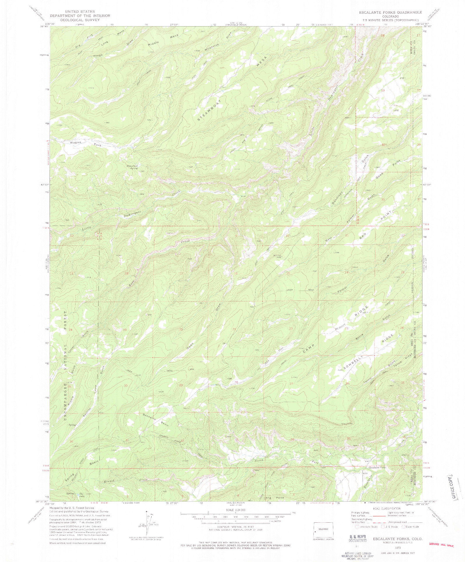 USGS 1:24000-SCALE QUADRANGLE FOR ESCALANTE FORKS, CO 1973