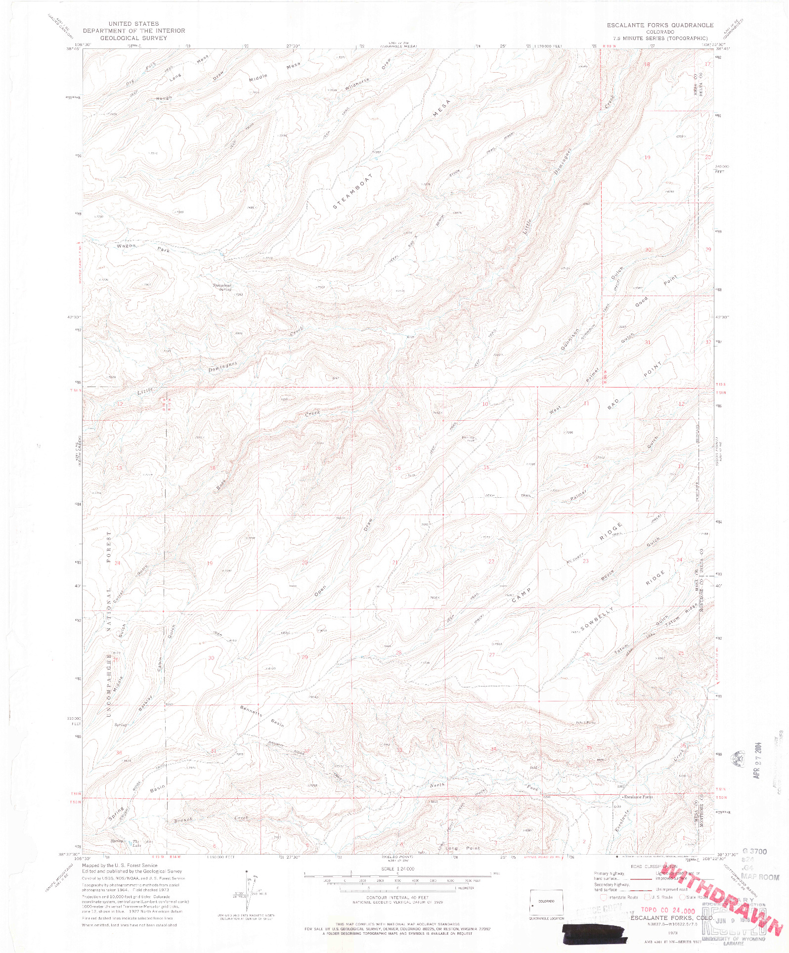 USGS 1:24000-SCALE QUADRANGLE FOR ESCALANTE FORKS, CO 1973