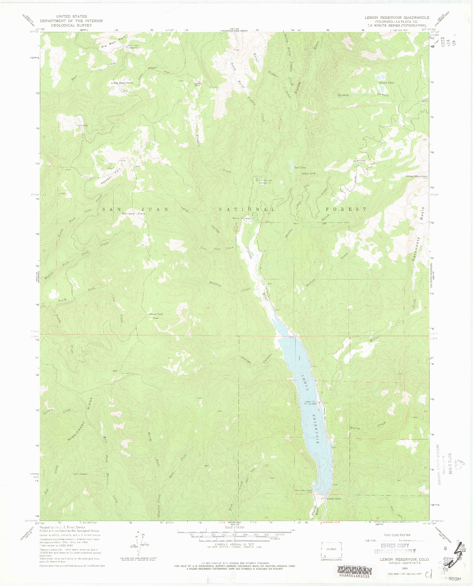 USGS 1:24000-SCALE QUADRANGLE FOR LEMON RESERVOIR, CO 1964