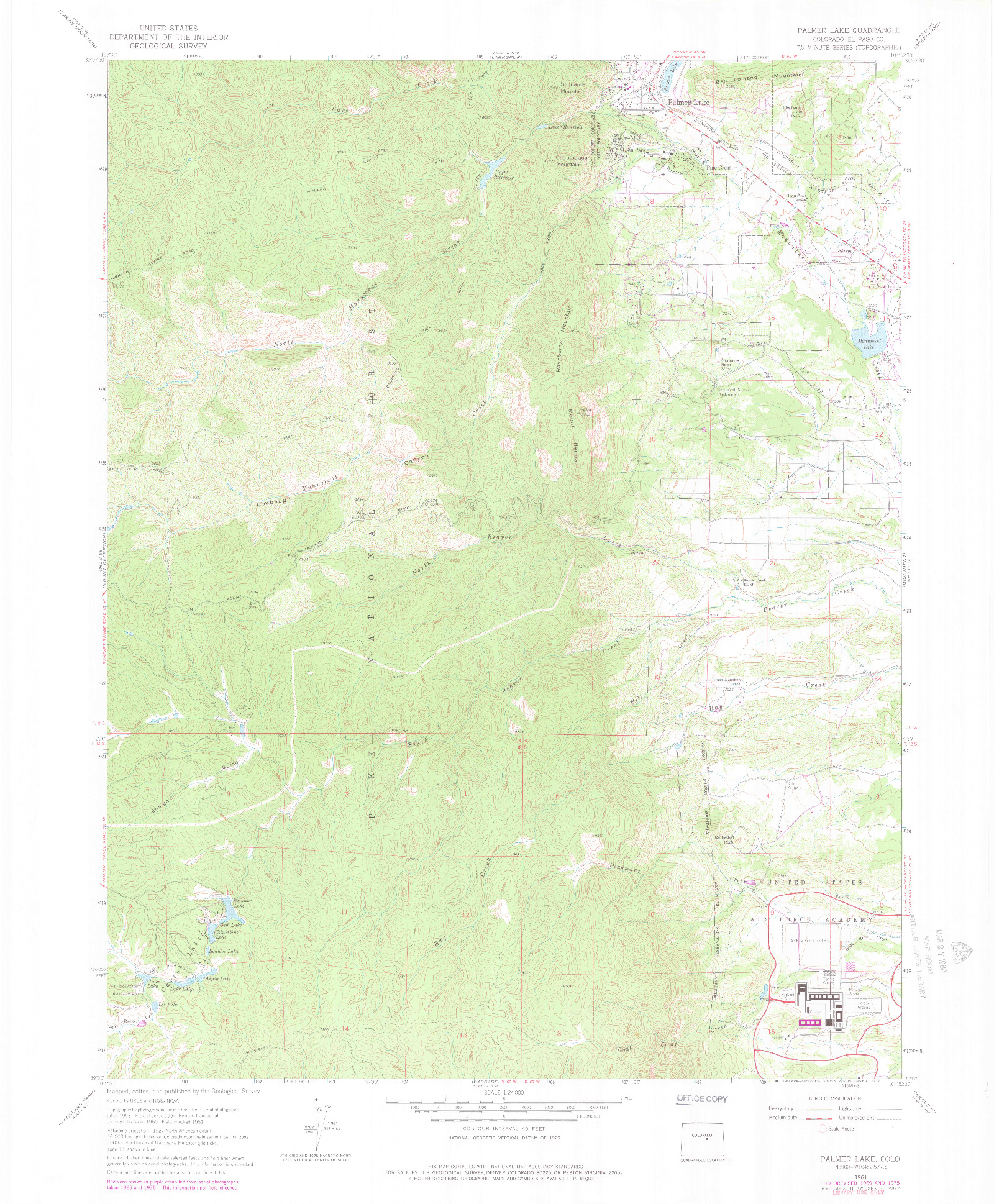 USGS 1:24000-SCALE QUADRANGLE FOR PALMER LAKE, CO 1961