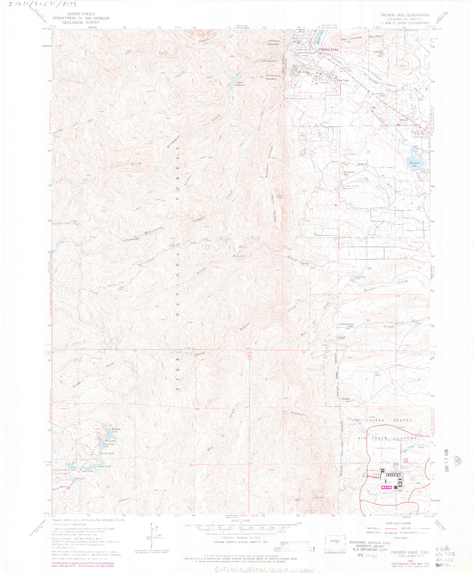 USGS 1:24000-SCALE QUADRANGLE FOR PALMER LAKE, CO 1961