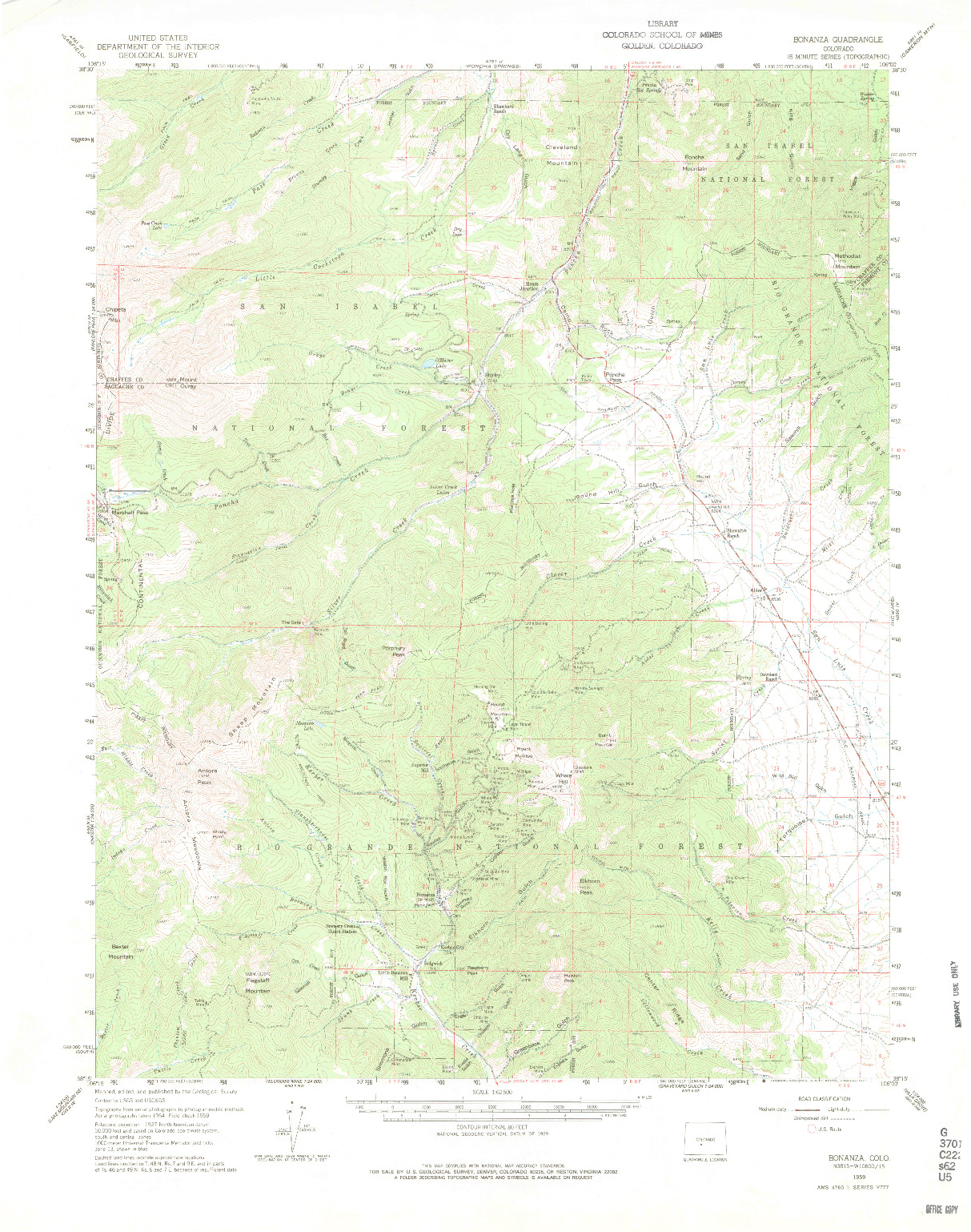 USGS 1:62500-SCALE QUADRANGLE FOR BONANZA, CO 1959