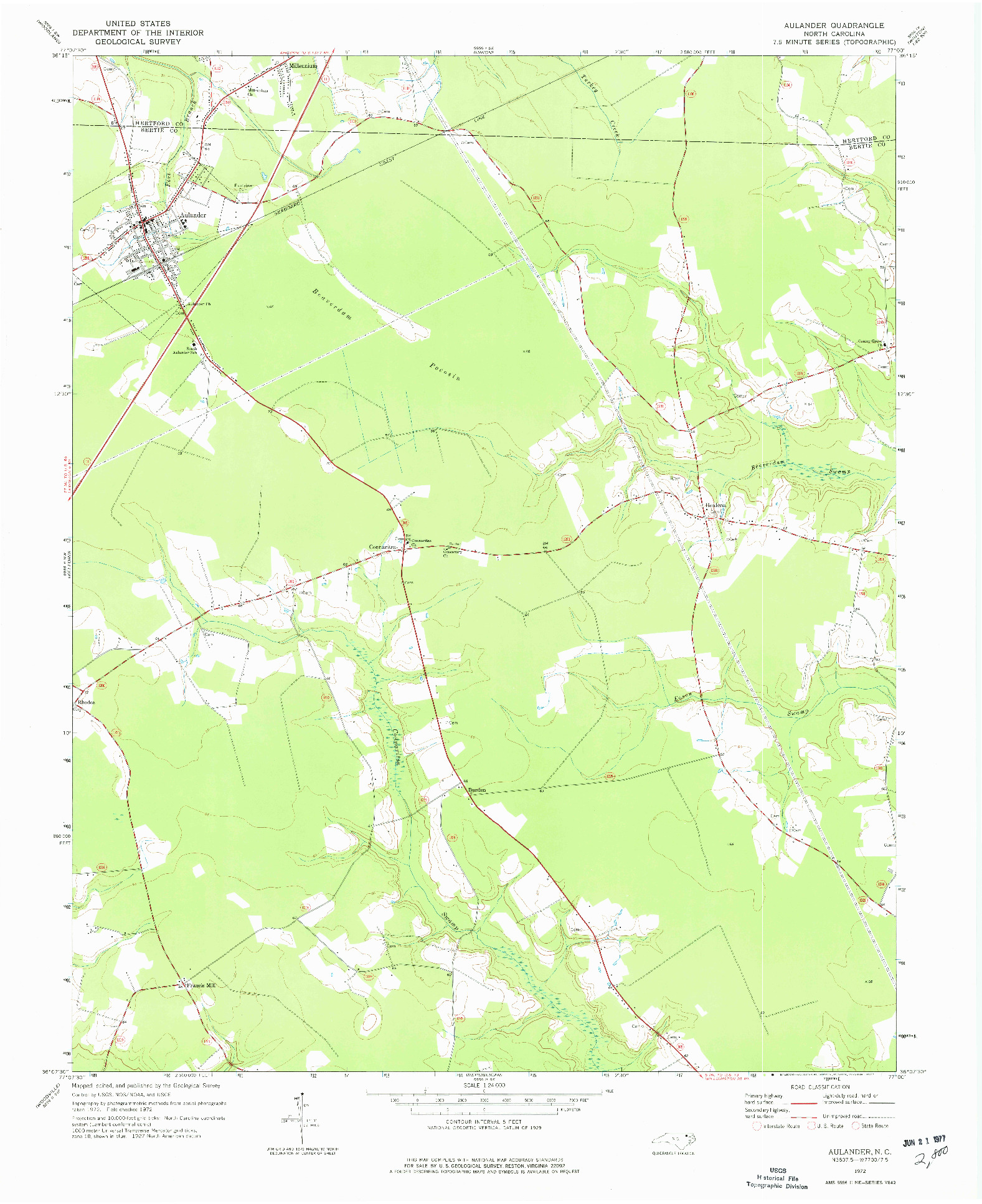 USGS 1:24000-SCALE QUADRANGLE FOR AULANDER, NC 1972