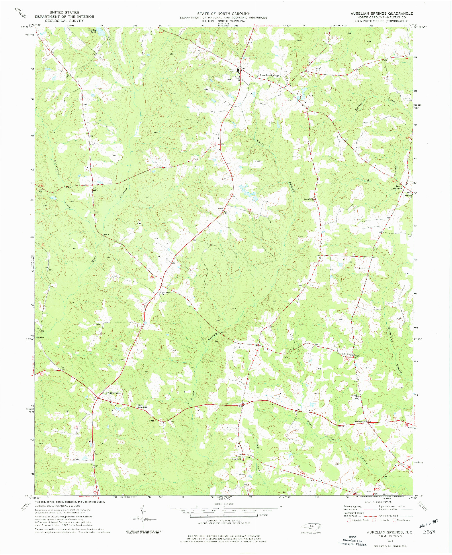 USGS 1:24000-SCALE QUADRANGLE FOR AURELIAN SPRINGS, NC 1973