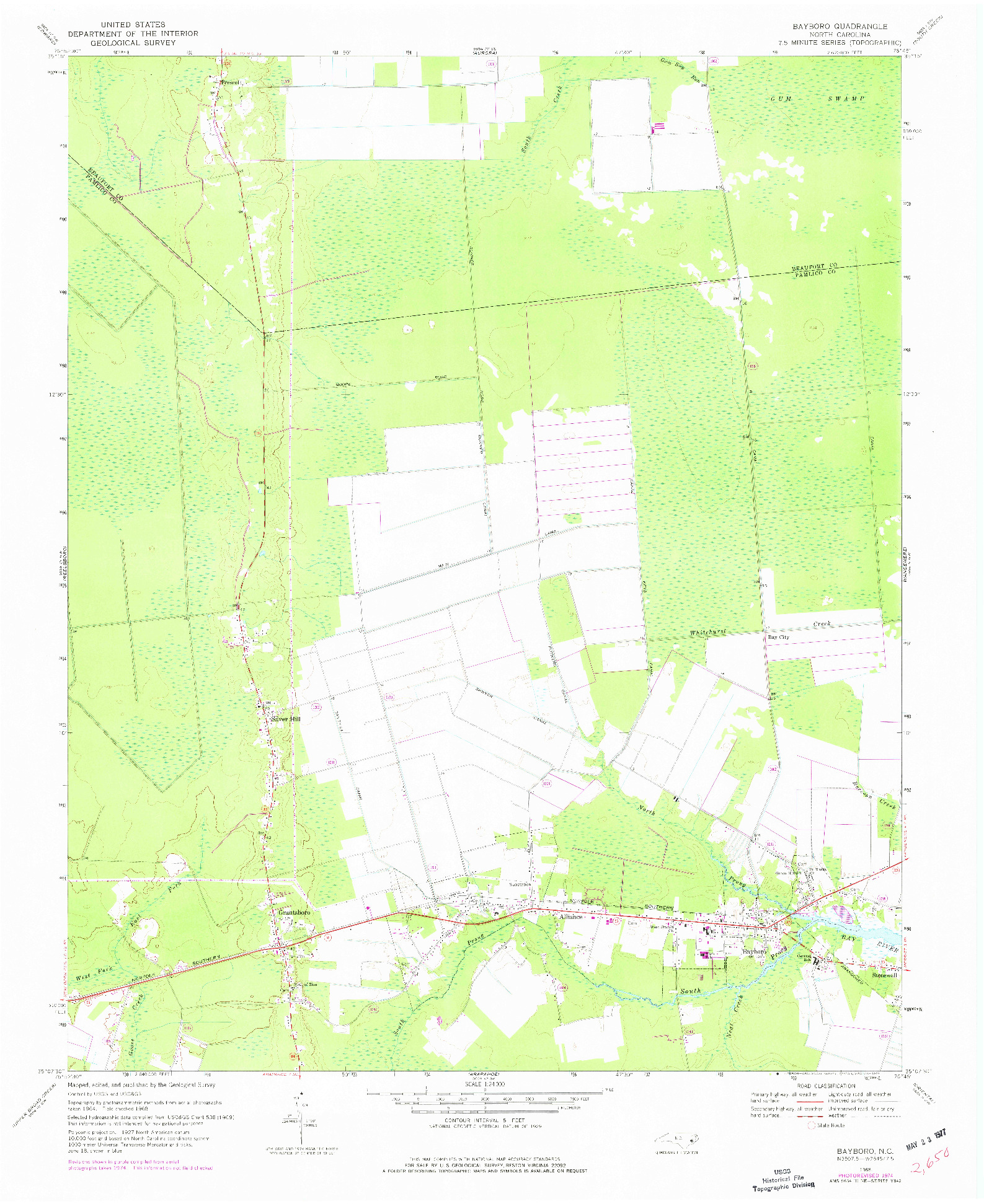 USGS 1:24000-SCALE QUADRANGLE FOR BAYBORO, NC 1968