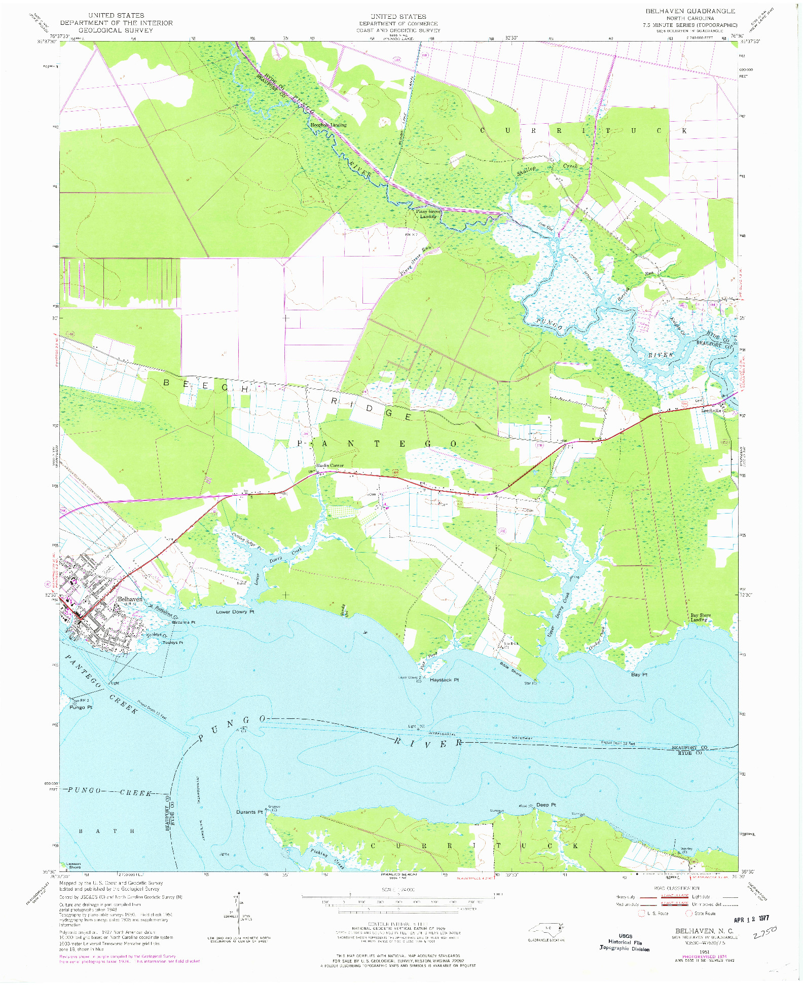 USGS 1:24000-SCALE QUADRANGLE FOR BELHAVEN, NC 1951