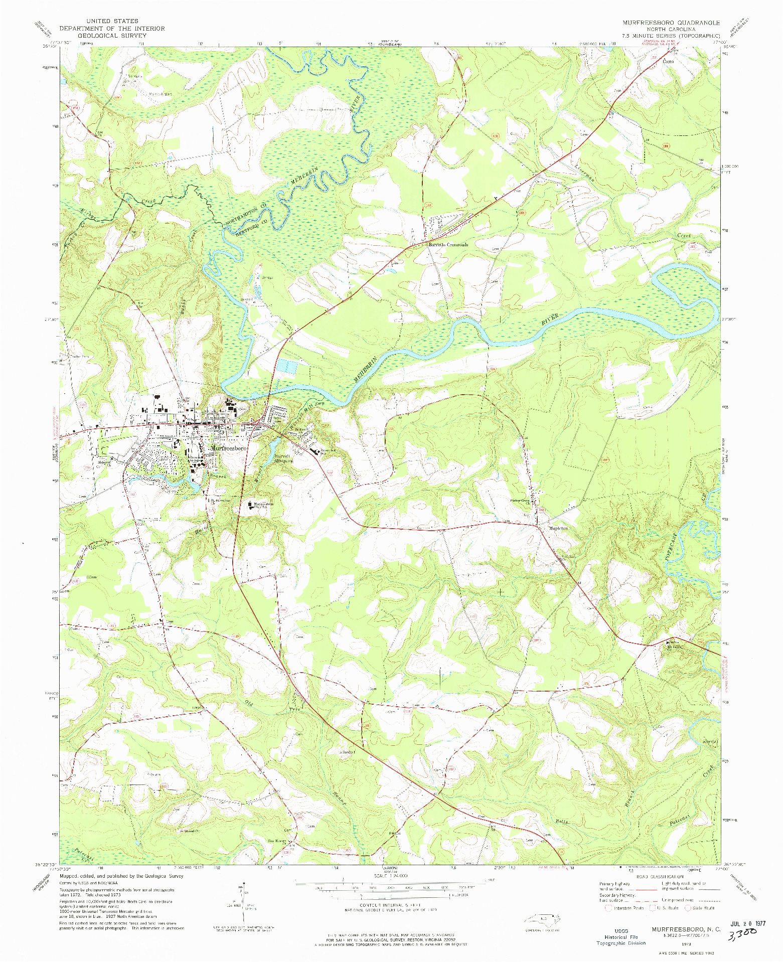 USGS 1:24000-SCALE QUADRANGLE FOR MURFREESBORO, NC 1973