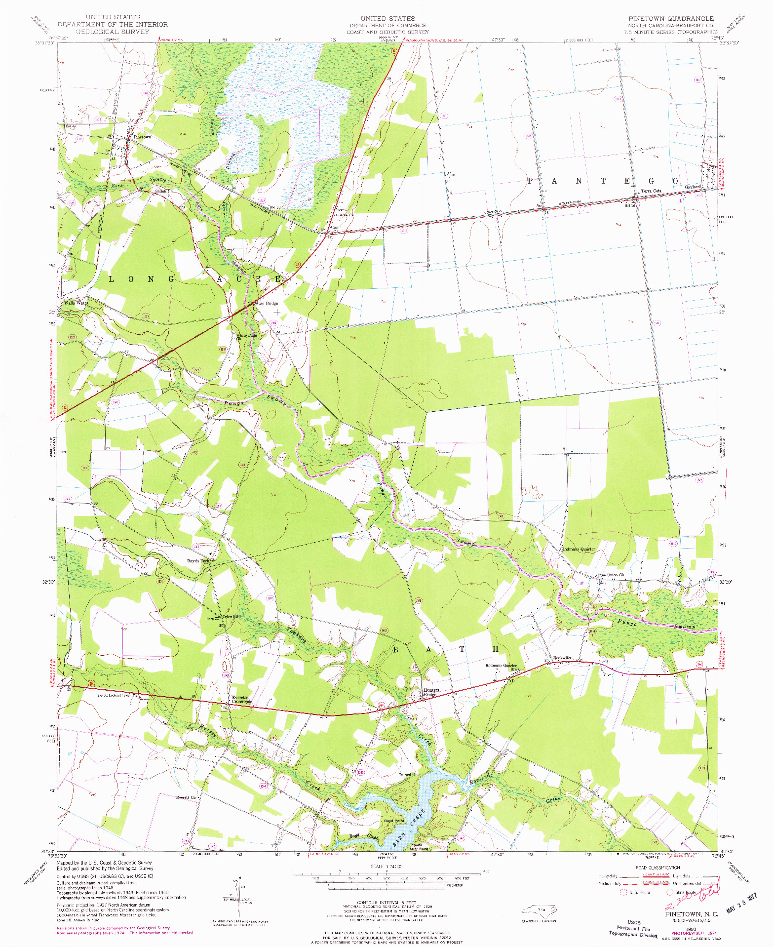 USGS 1:24000-SCALE QUADRANGLE FOR PINETOWN, NC 1950