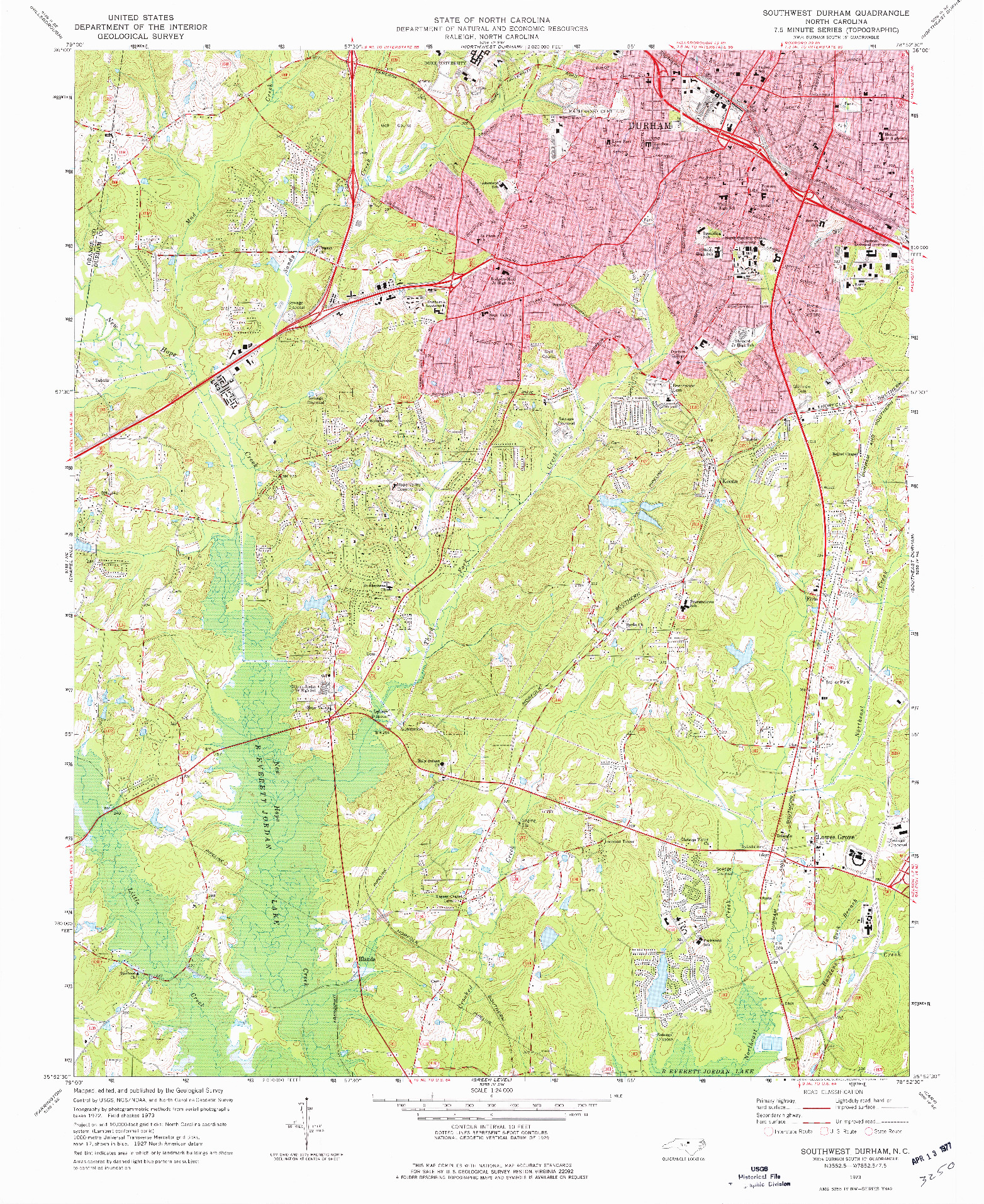 USGS 1:24000-SCALE QUADRANGLE FOR SOUTHWEST DURHAM, NC 1973