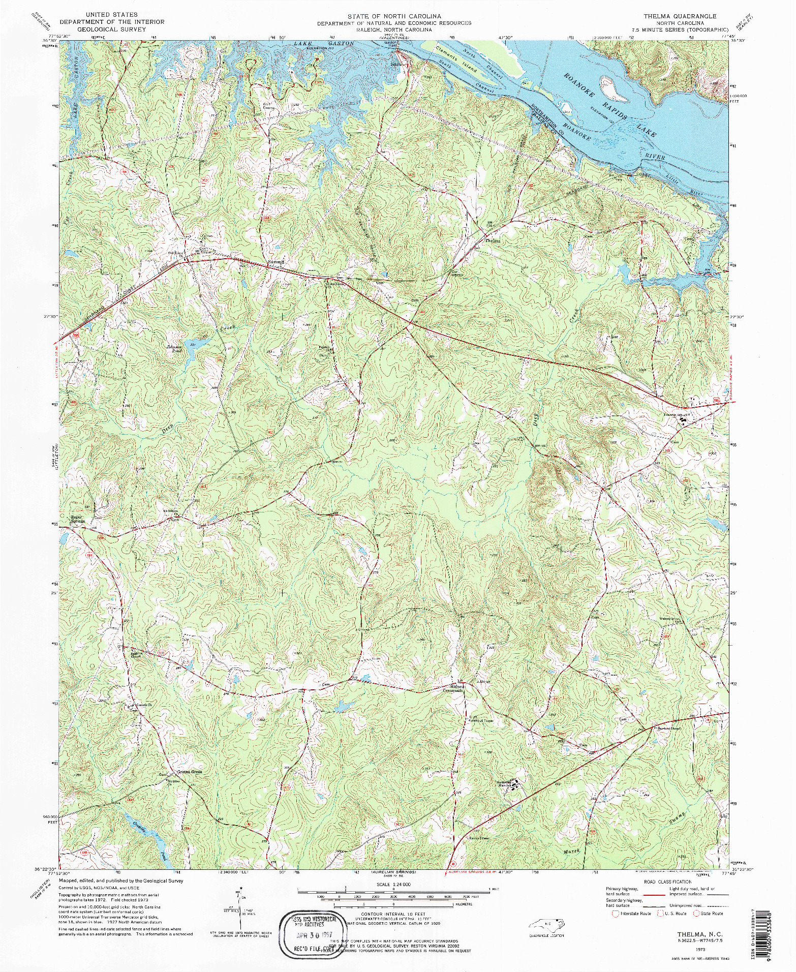 USGS 1:24000-SCALE QUADRANGLE FOR THELMA, NC 1973