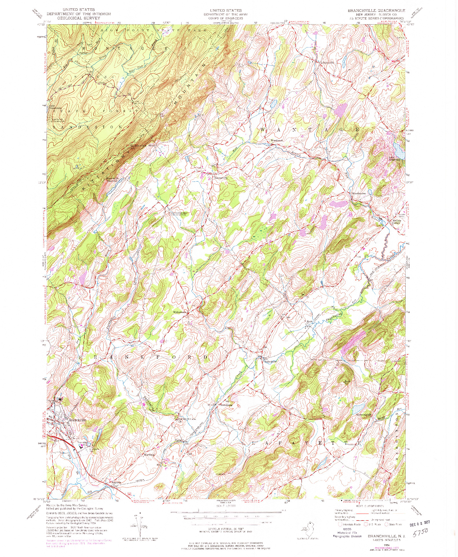 USGS 1:24000-SCALE QUADRANGLE FOR BRANCHVILLE, NJ 1954