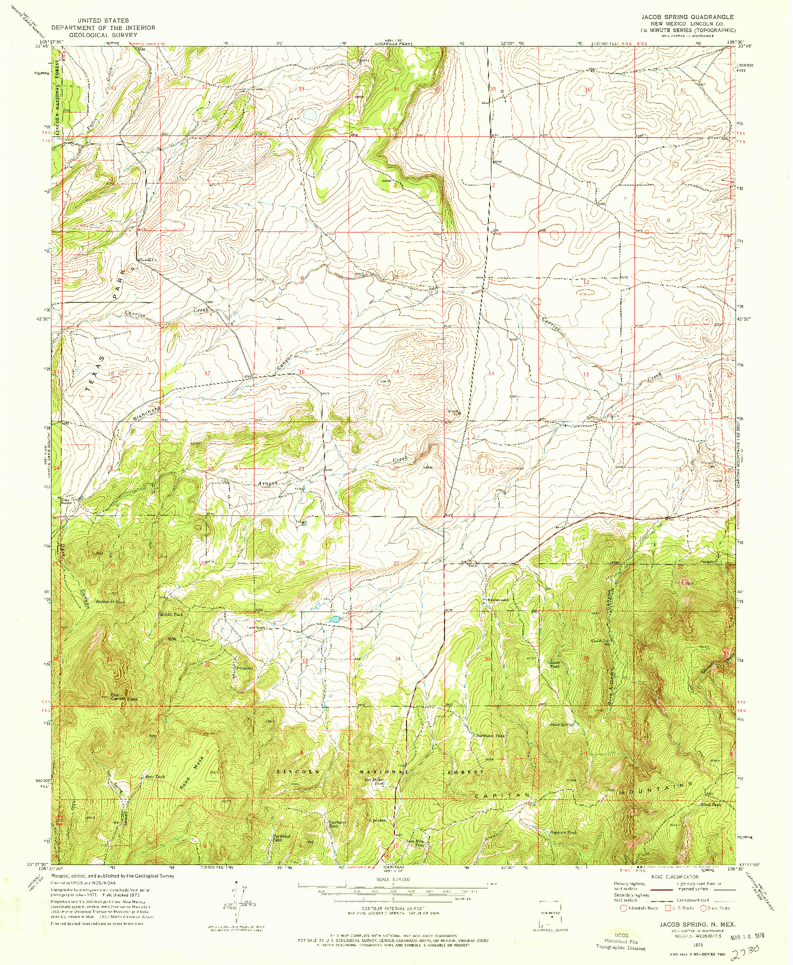 USGS 1:24000-SCALE QUADRANGLE FOR JACOB SPRING, NM 1973