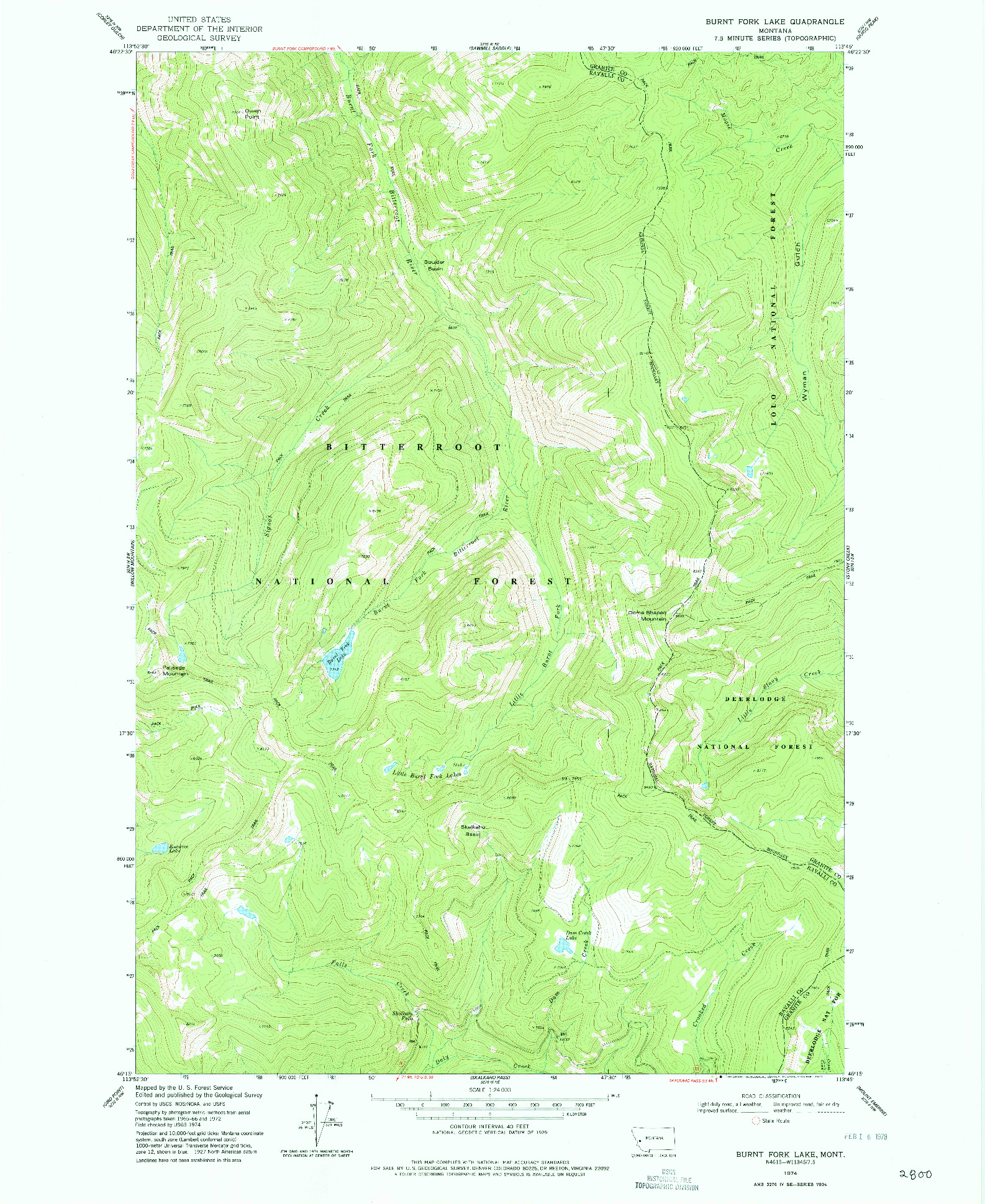 USGS 1:24000-SCALE QUADRANGLE FOR BURNT FORK LAKE, MT 1974