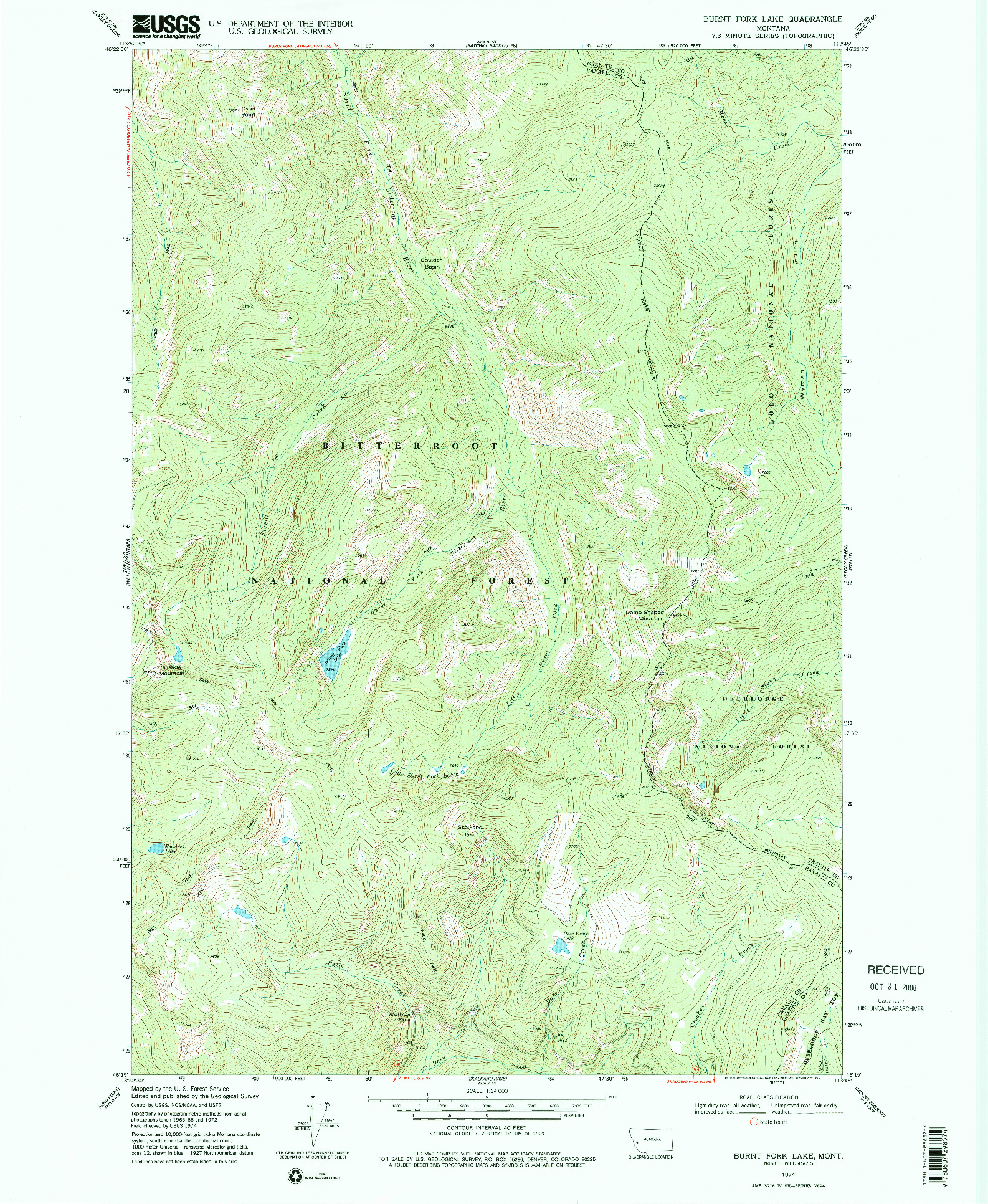 USGS 1:24000-SCALE QUADRANGLE FOR BURNT FORK LAKE, MT 1974