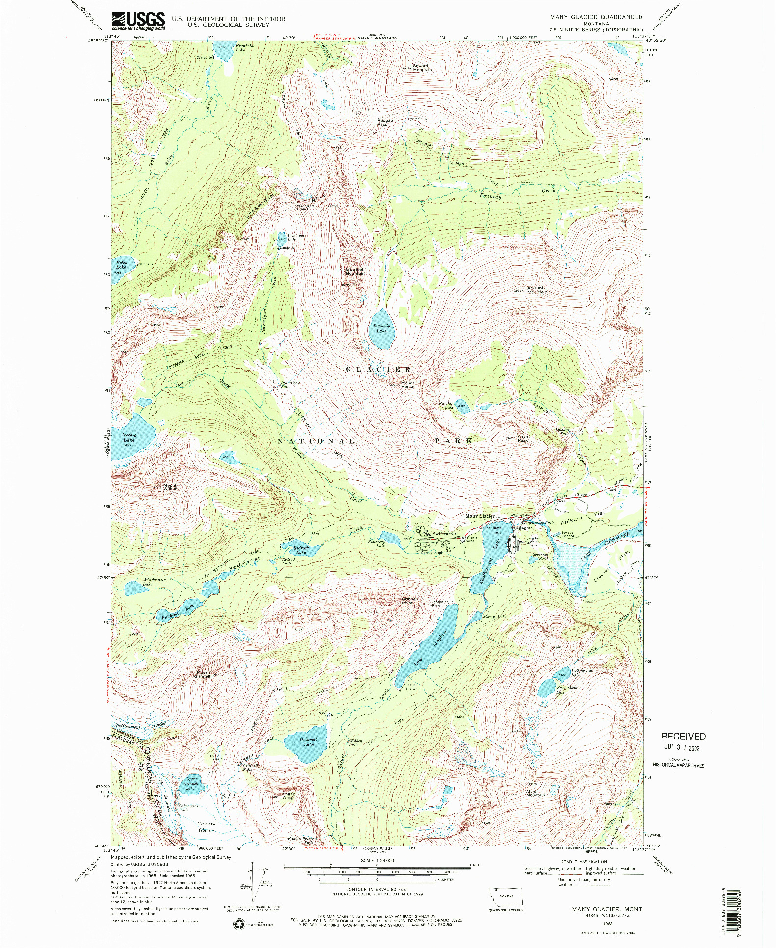 USGS 1:24000-SCALE QUADRANGLE FOR MANY GLACIER, MT 1968