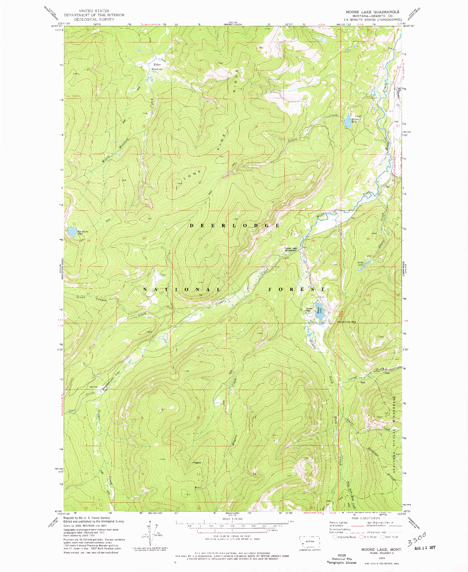 USGS 1:24000-SCALE QUADRANGLE FOR MOOSE LAKE, MT 1974