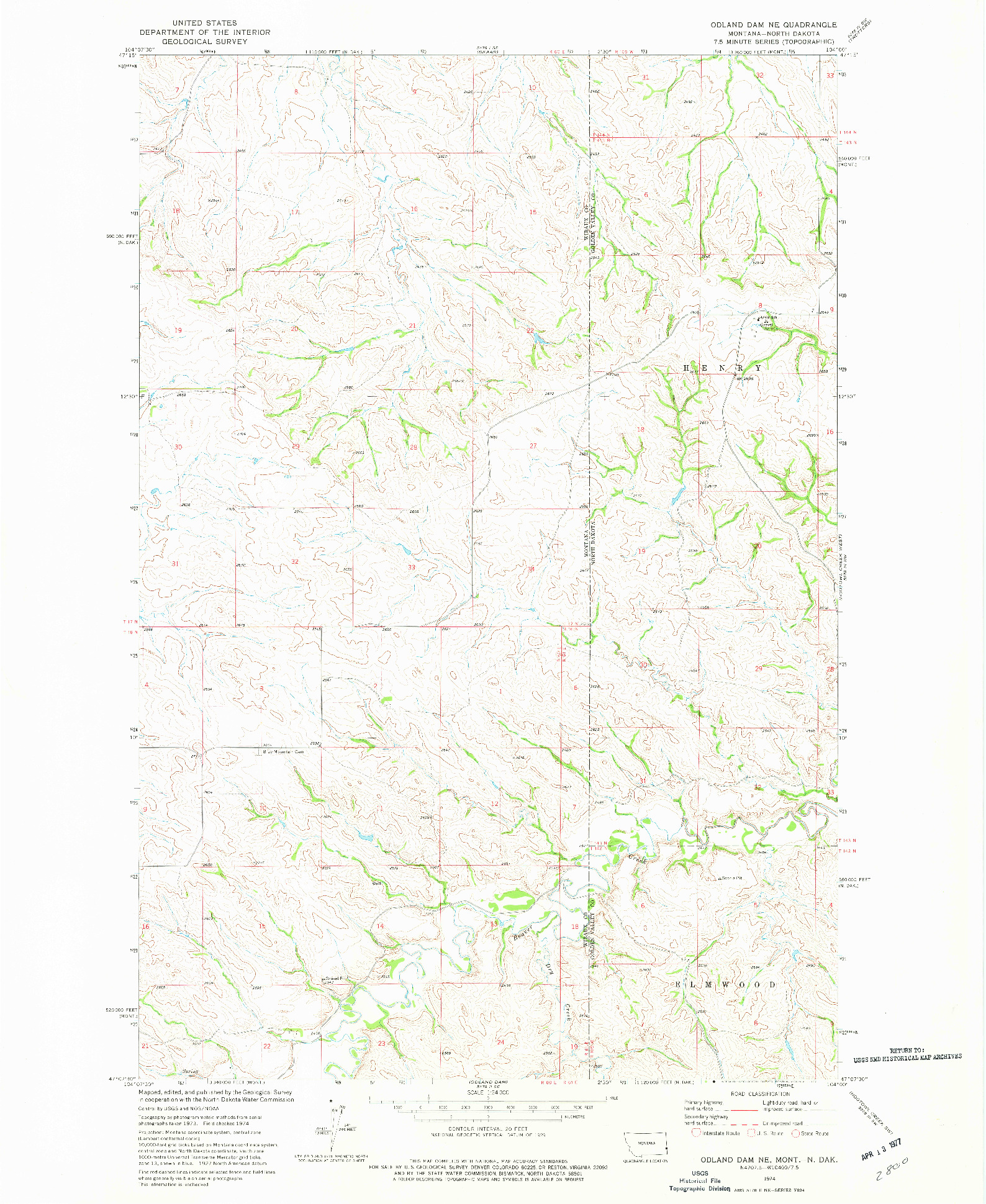 USGS 1:24000-SCALE QUADRANGLE FOR ODLAND DAM NE, MT 1974