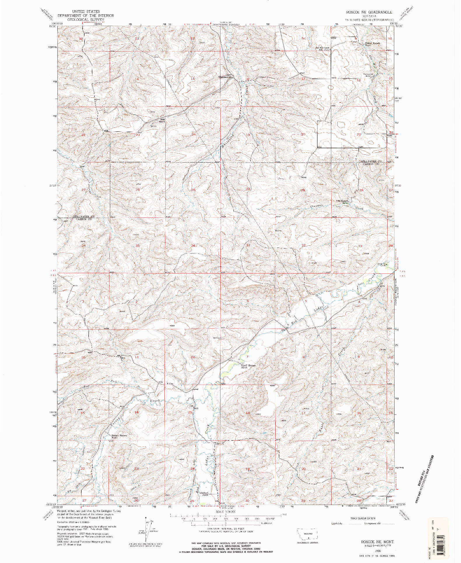 USGS 1:24000-SCALE QUADRANGLE FOR ROSCOE NE, MT 1956