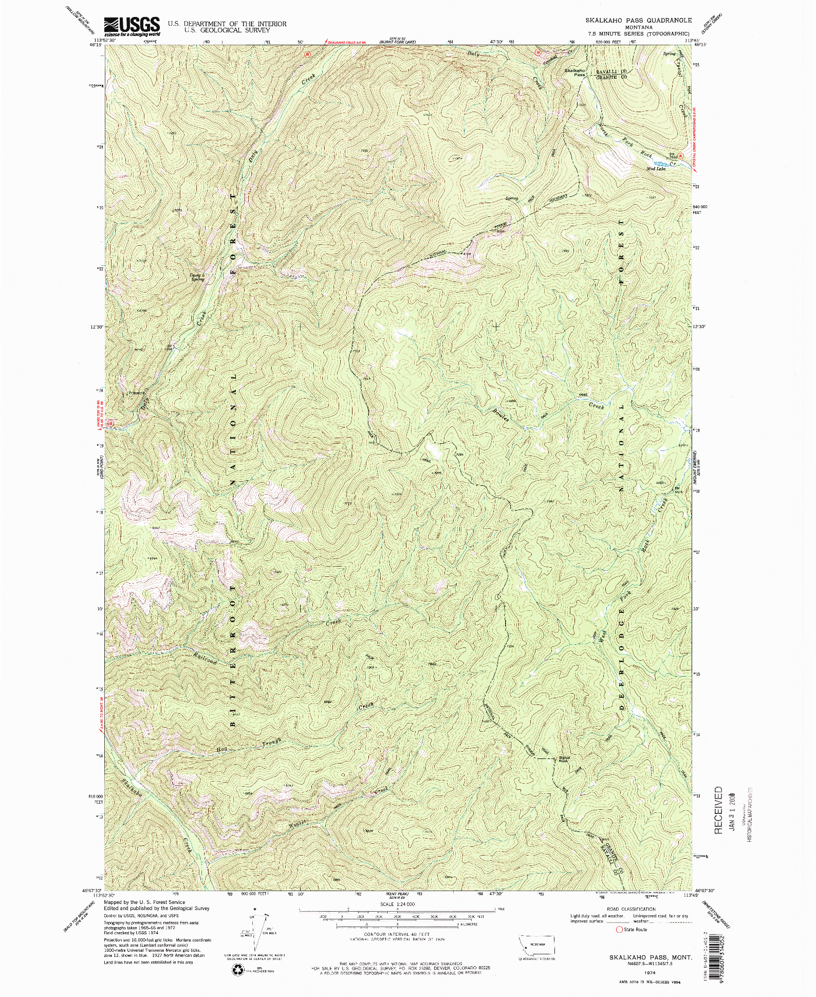 USGS 1:24000-SCALE QUADRANGLE FOR SKALKAHO PASS, MT 1974