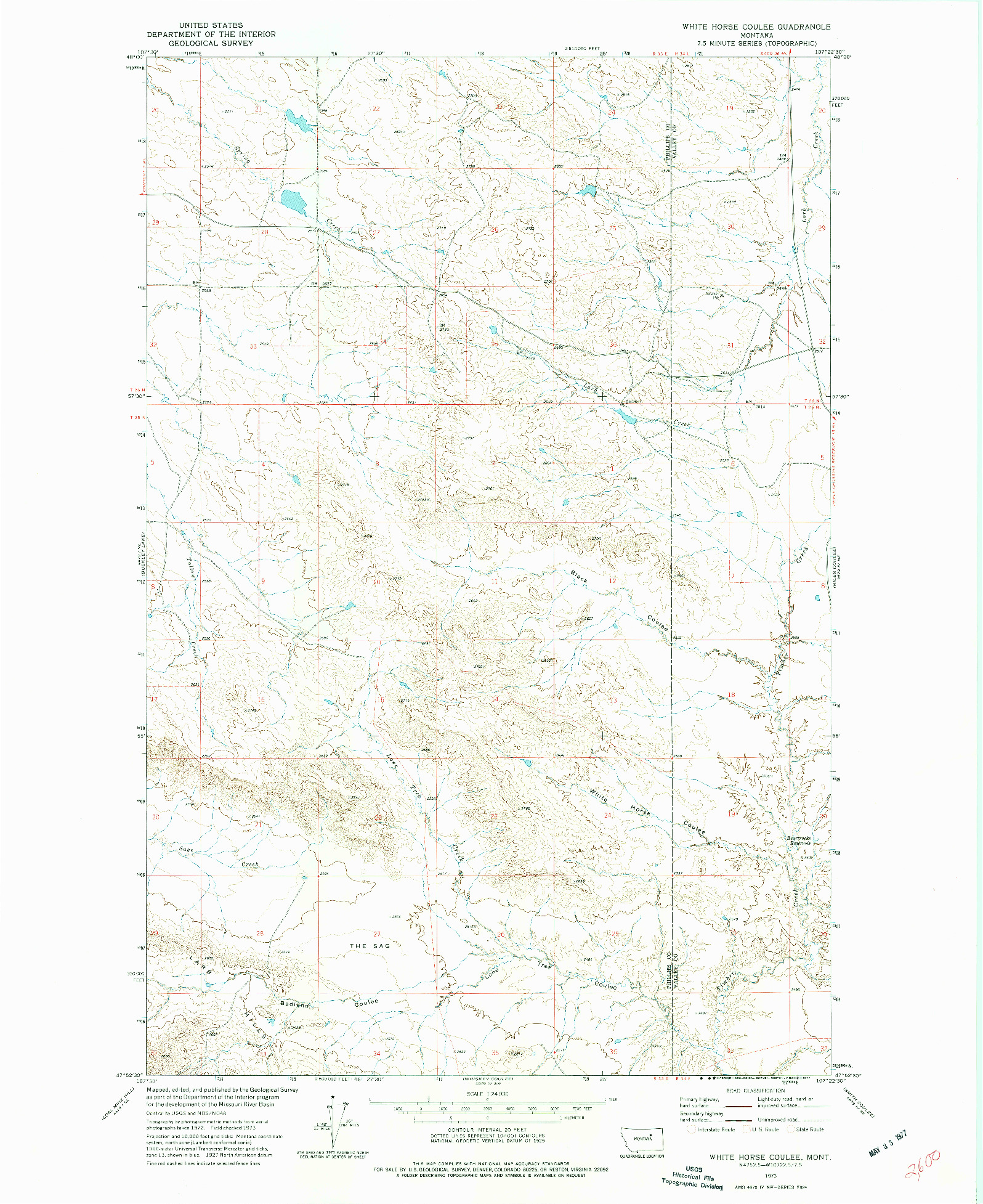 USGS 1:24000-SCALE QUADRANGLE FOR WHITE HORSE COULEE, MT 1973