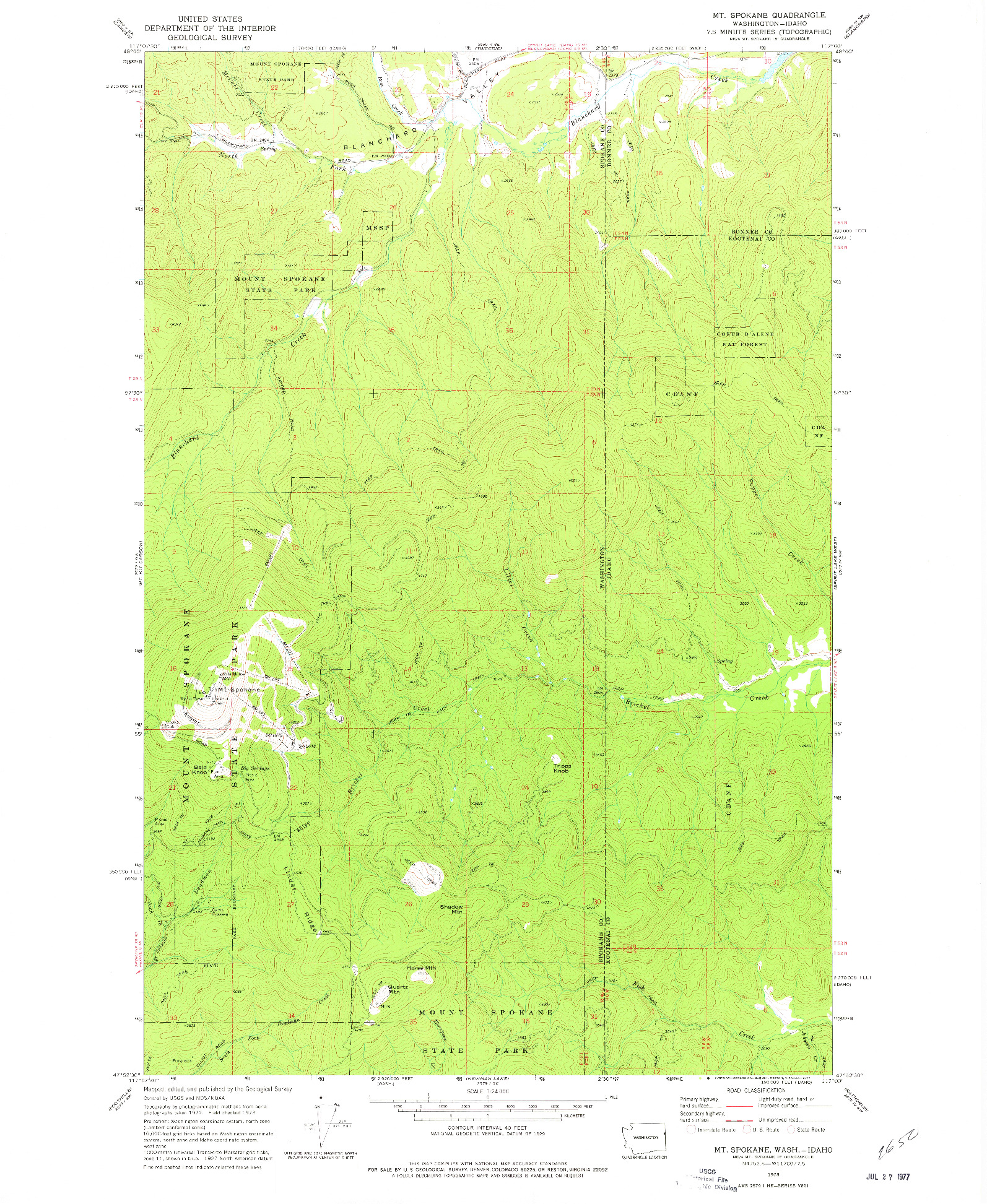 USGS 1:24000-SCALE QUADRANGLE FOR MT SPOKANE, WA 1973