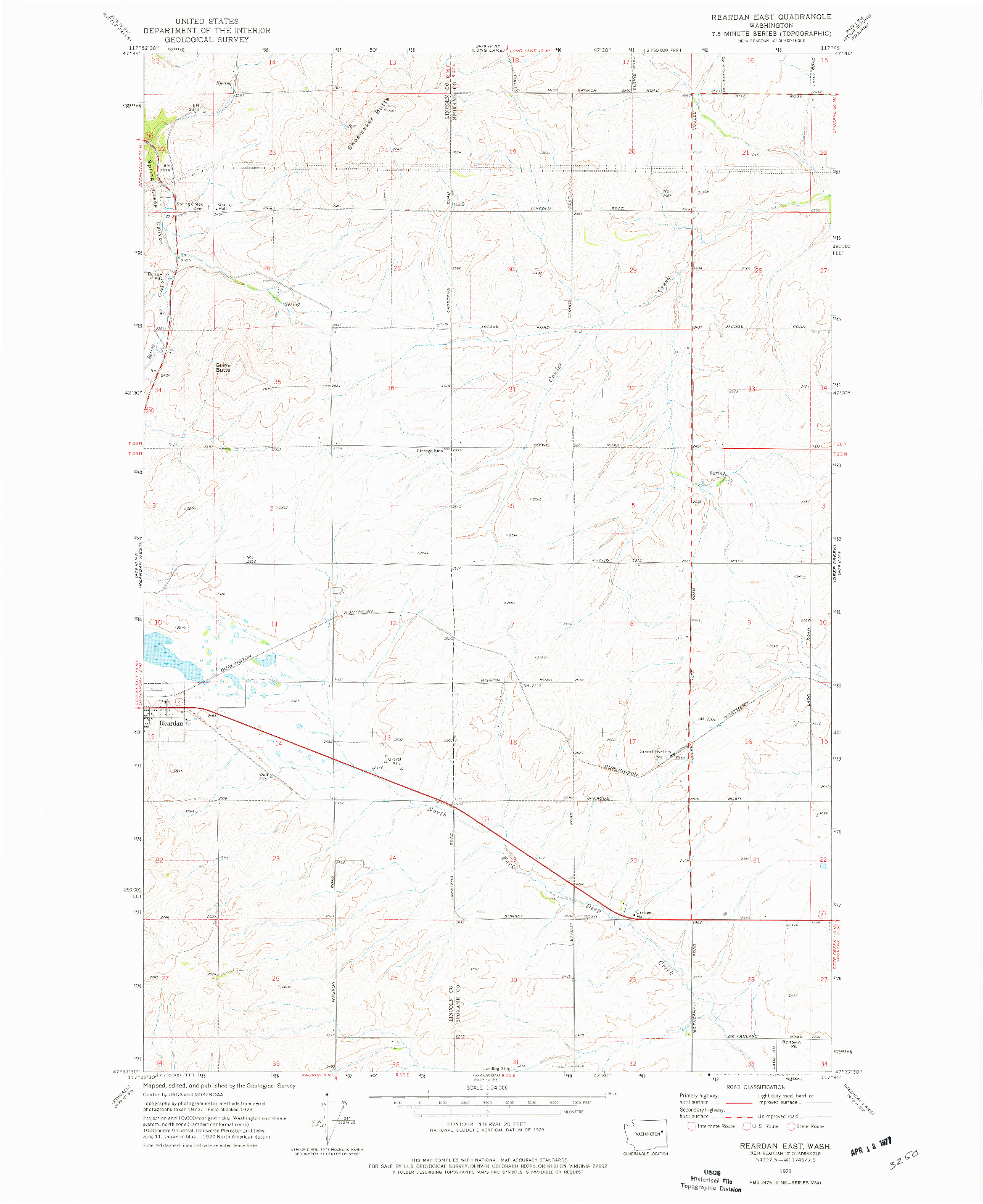 USGS 1:24000-SCALE QUADRANGLE FOR REARDAN EAST, WA 1973