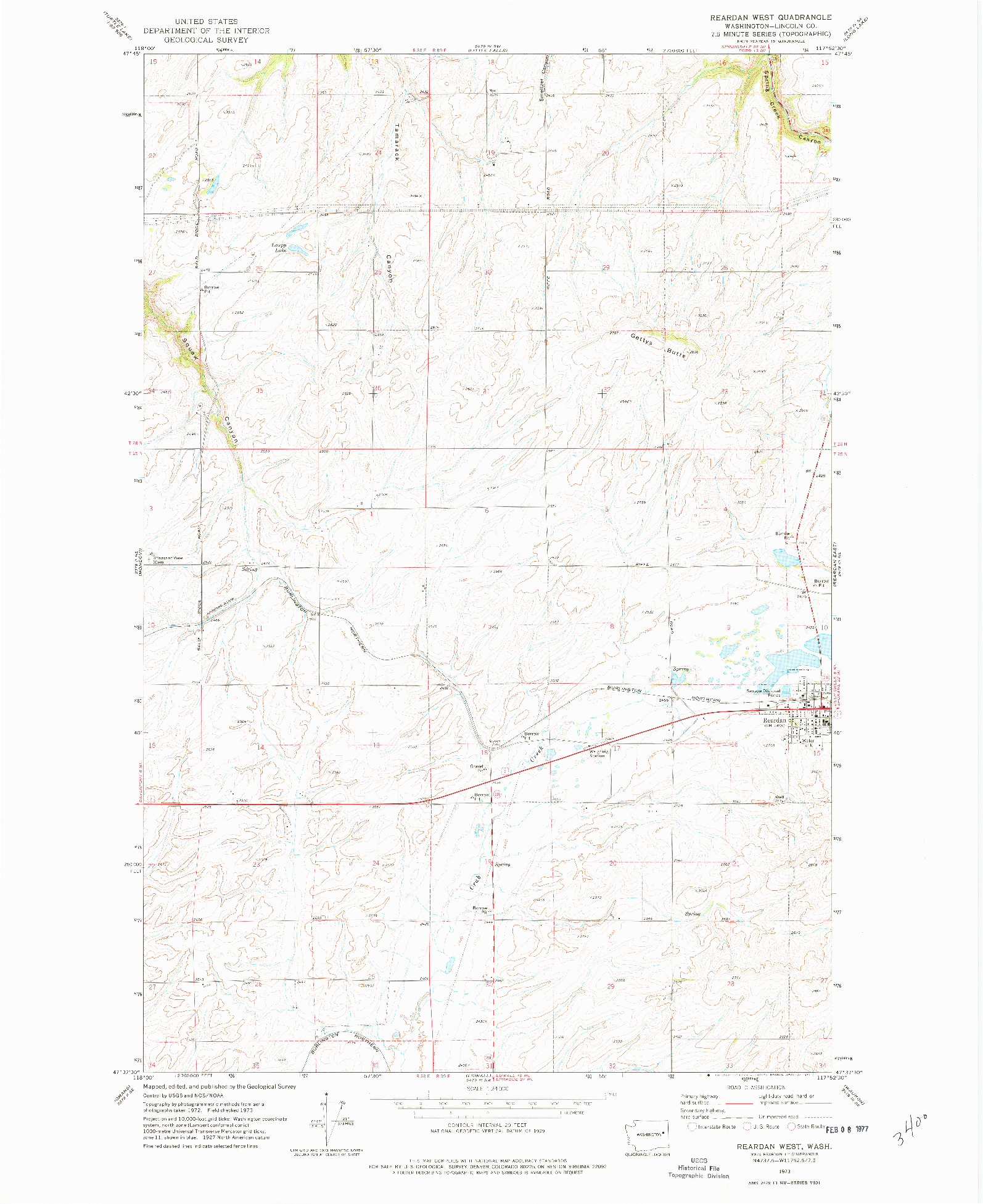 USGS 1:24000-SCALE QUADRANGLE FOR REARDAN WEST, WA 1973