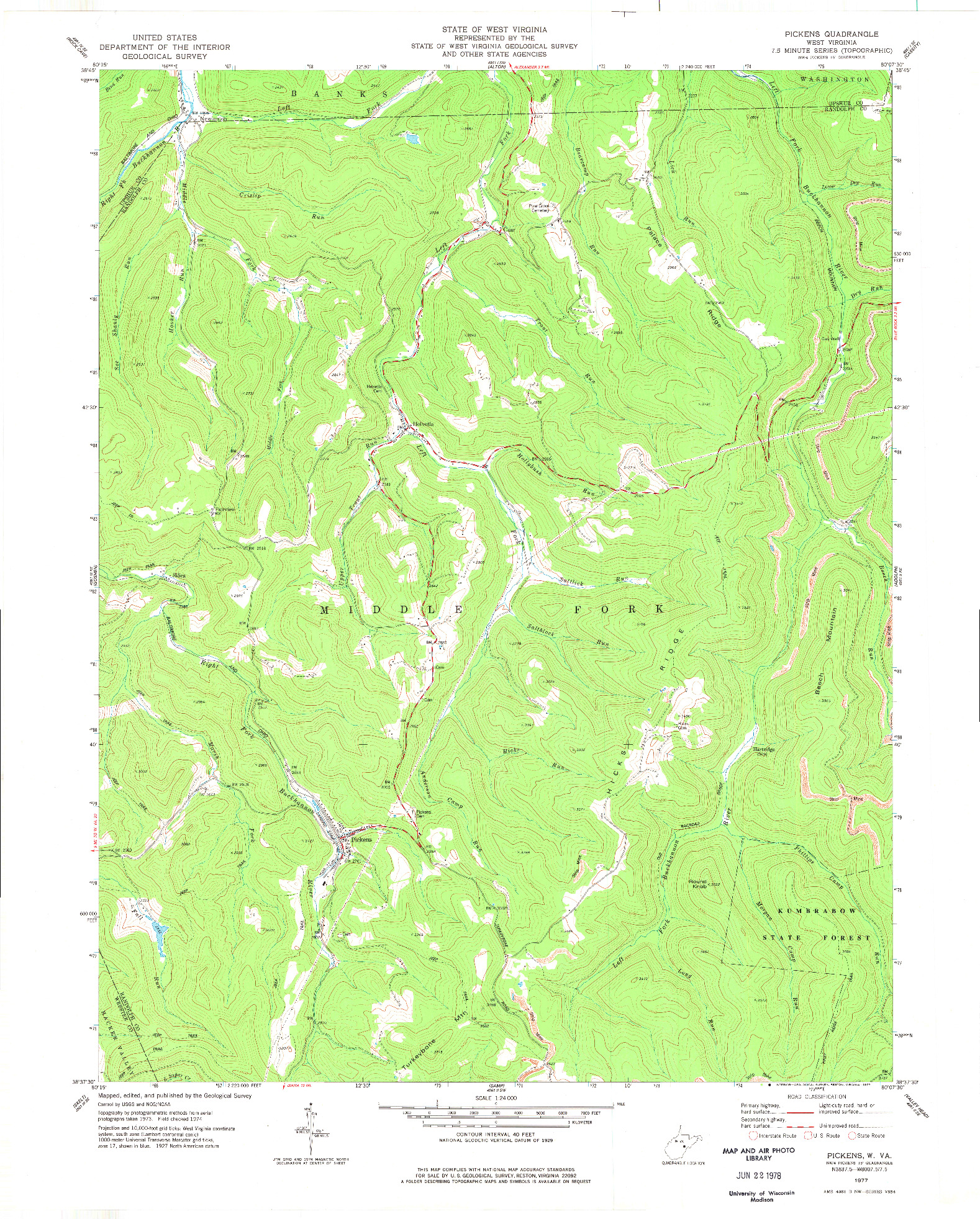 USGS 1:24000-SCALE QUADRANGLE FOR PICKENS, WV 1977