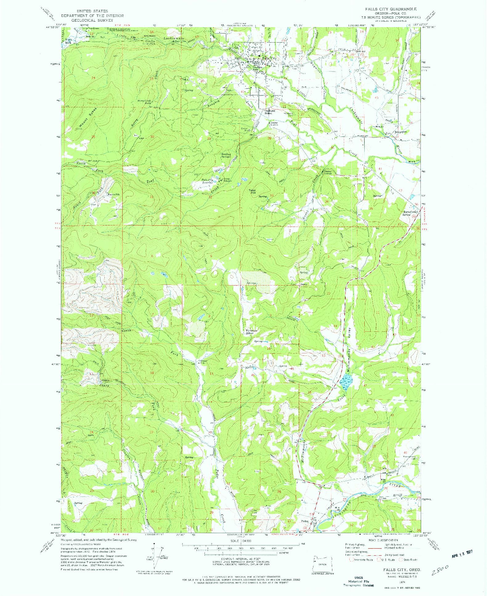 USGS 1:24000-SCALE QUADRANGLE FOR FALLS CITY, OR 1974