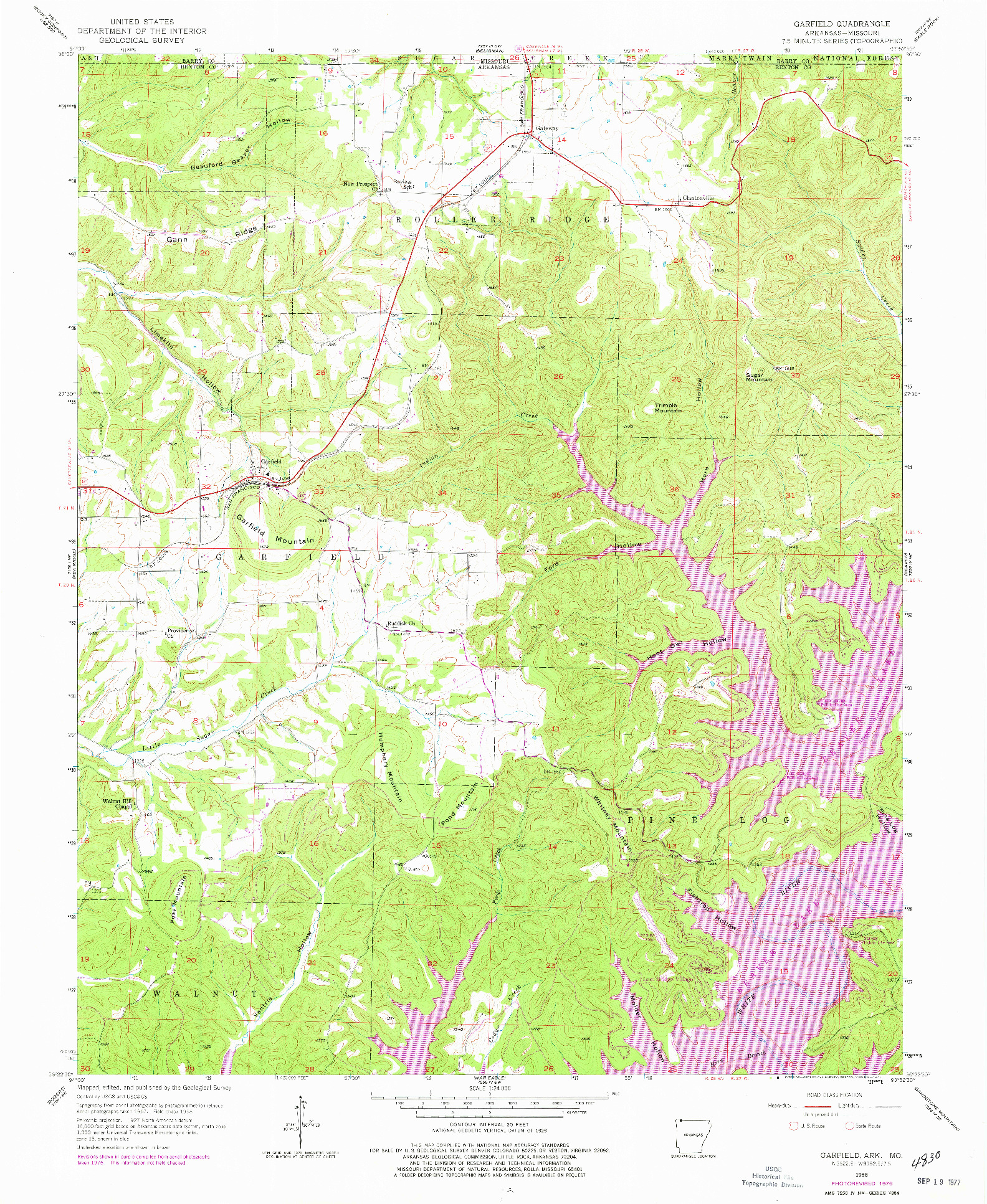 USGS 1:24000-SCALE QUADRANGLE FOR GARFIELD, AR 1958