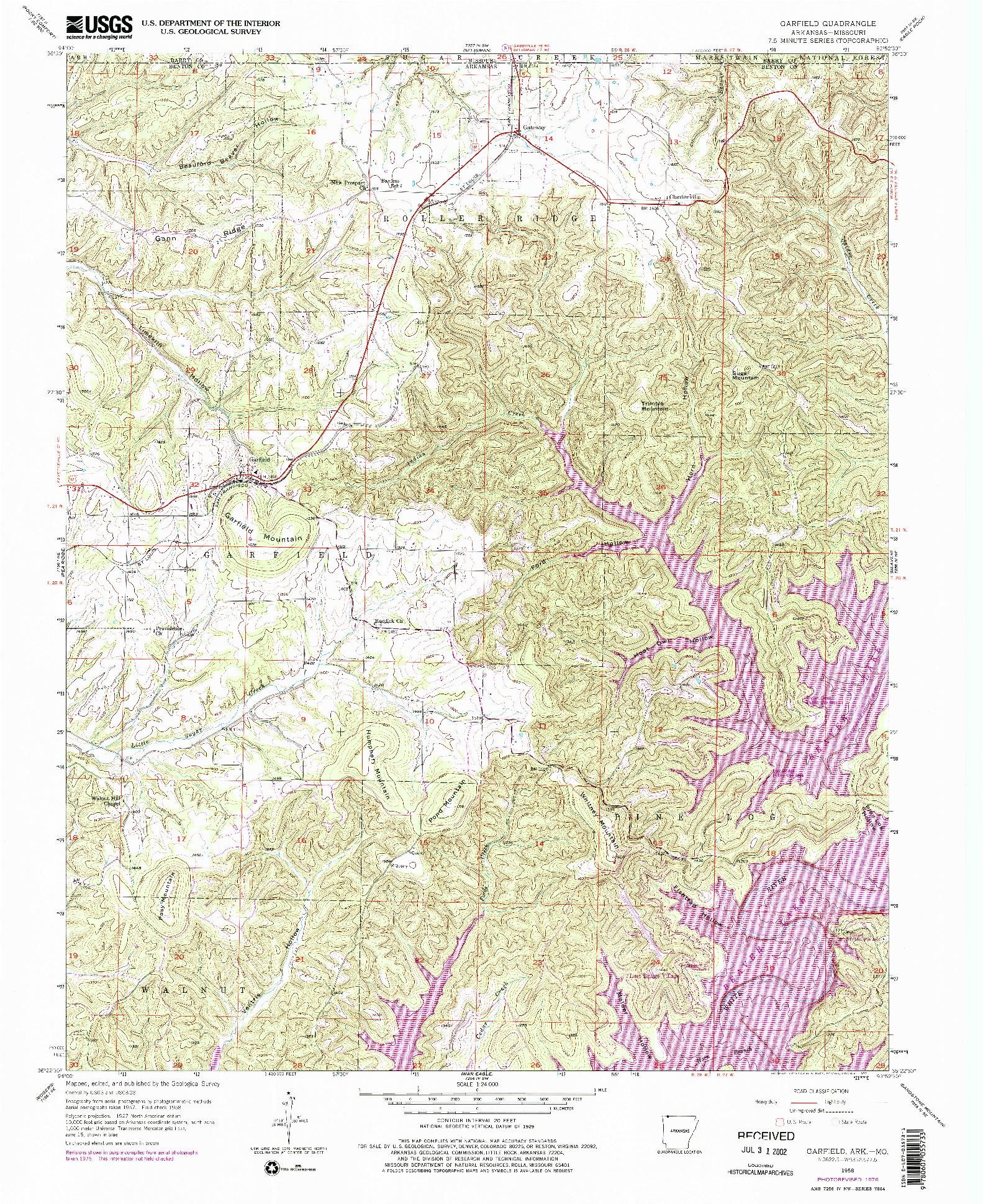 USGS 1:24000-SCALE QUADRANGLE FOR GARFIELD, AR 1958