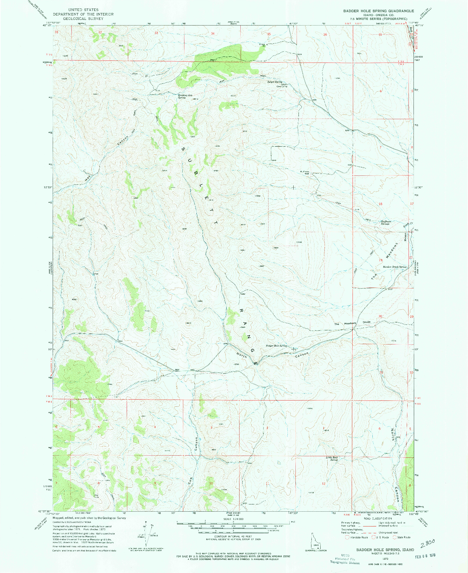 USGS 1:24000-SCALE QUADRANGLE FOR BADGER HOLE SPRING, ID 1973