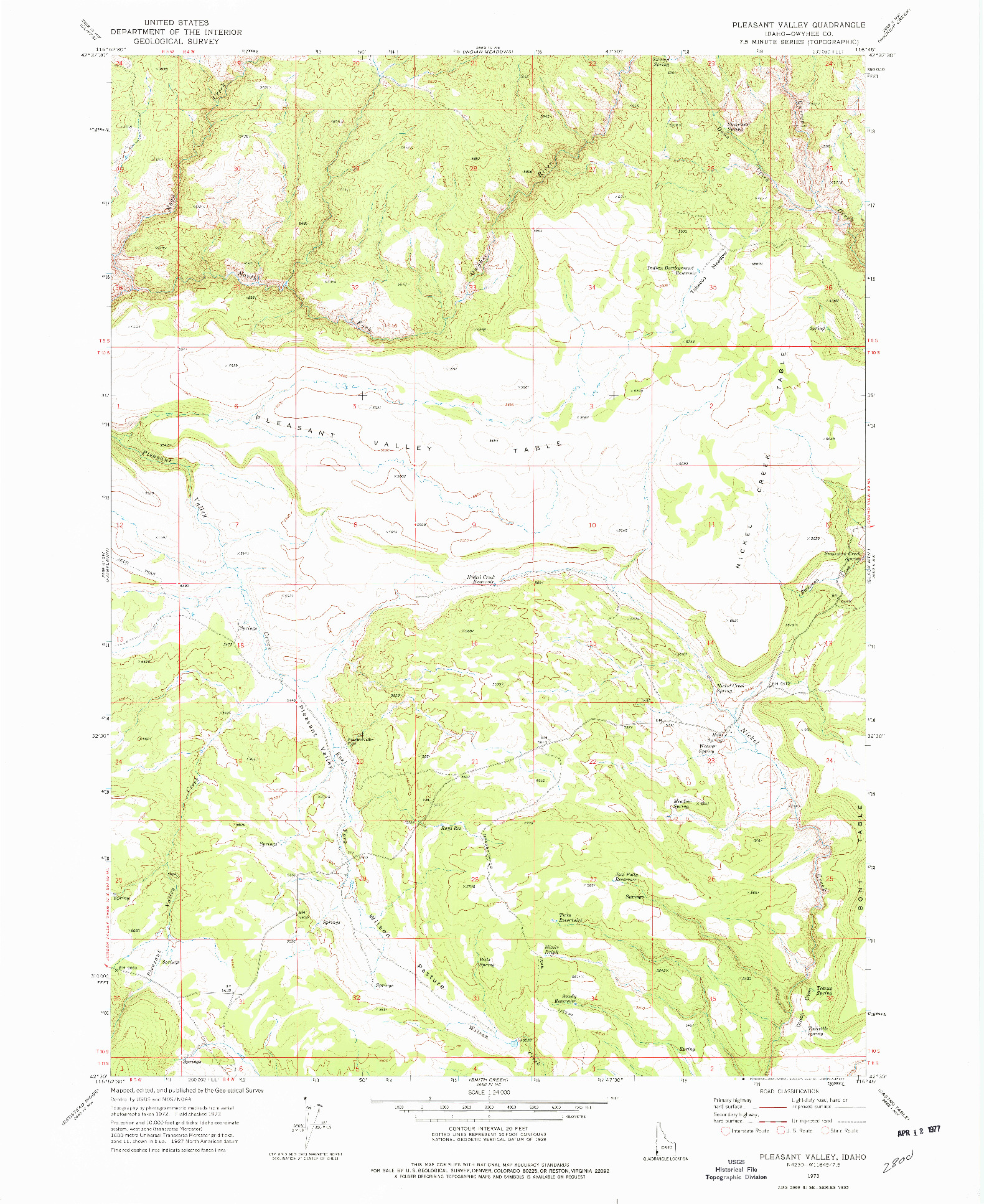 USGS 1:24000-SCALE QUADRANGLE FOR PLEASANT VALLEY, ID 1973