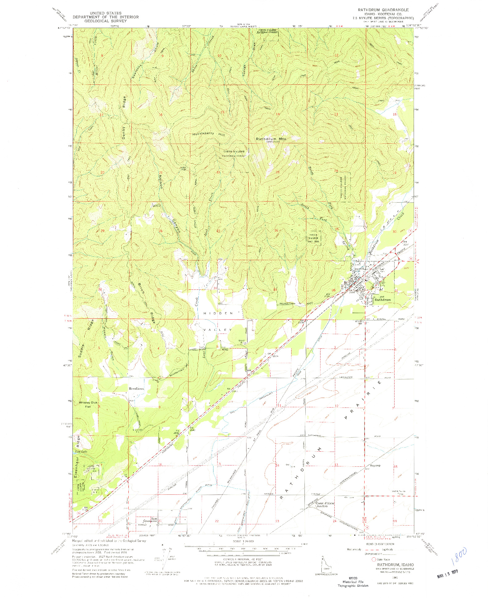 USGS 1:24000-SCALE QUADRANGLE FOR RATHDRUM, ID 1961