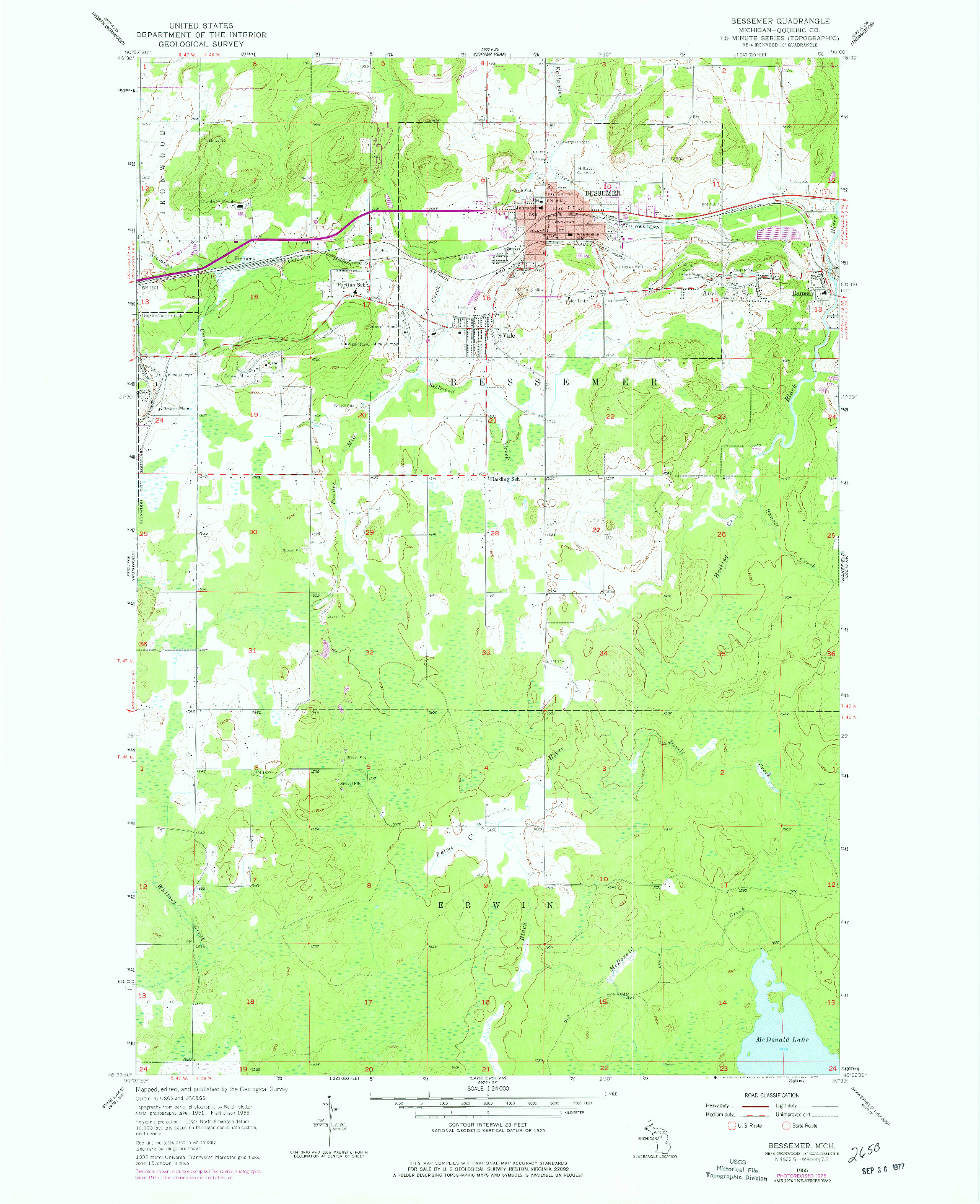 USGS 1:24000-SCALE QUADRANGLE FOR BESSEMER, MI 1955