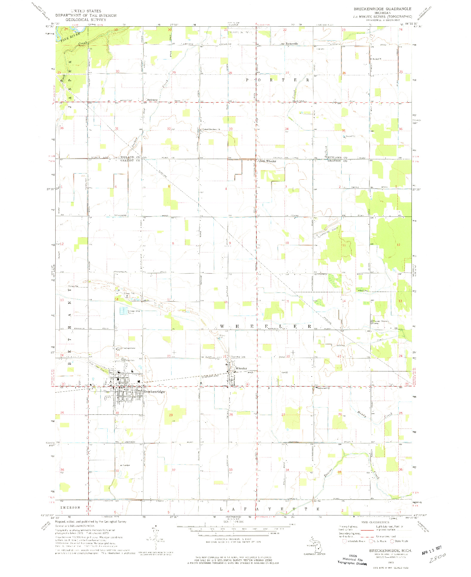 USGS 1:24000-SCALE QUADRANGLE FOR BRECKENRIDGE, MI 1973