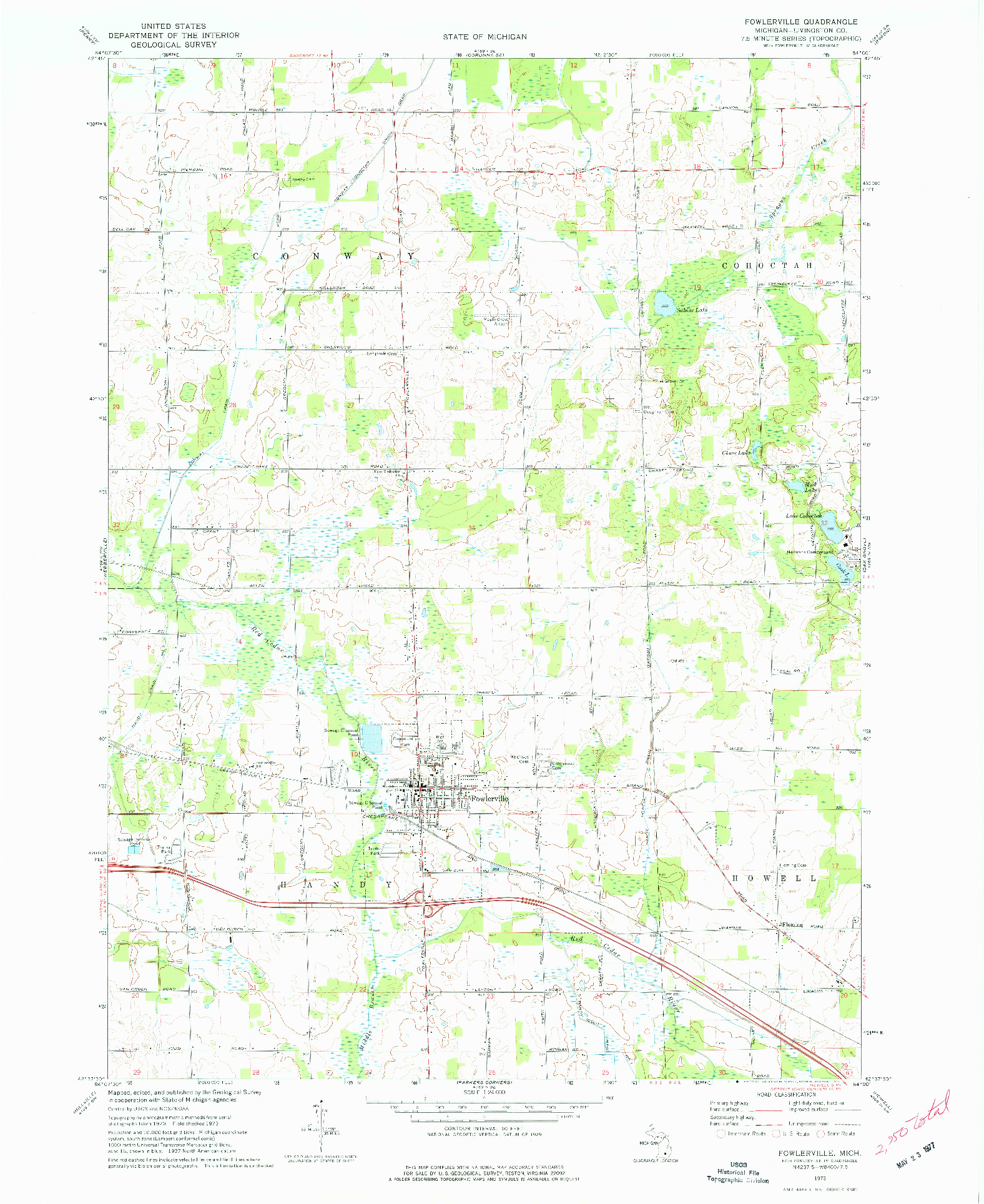 USGS 1:24000-SCALE QUADRANGLE FOR FOWLERVILLE, MI 1973