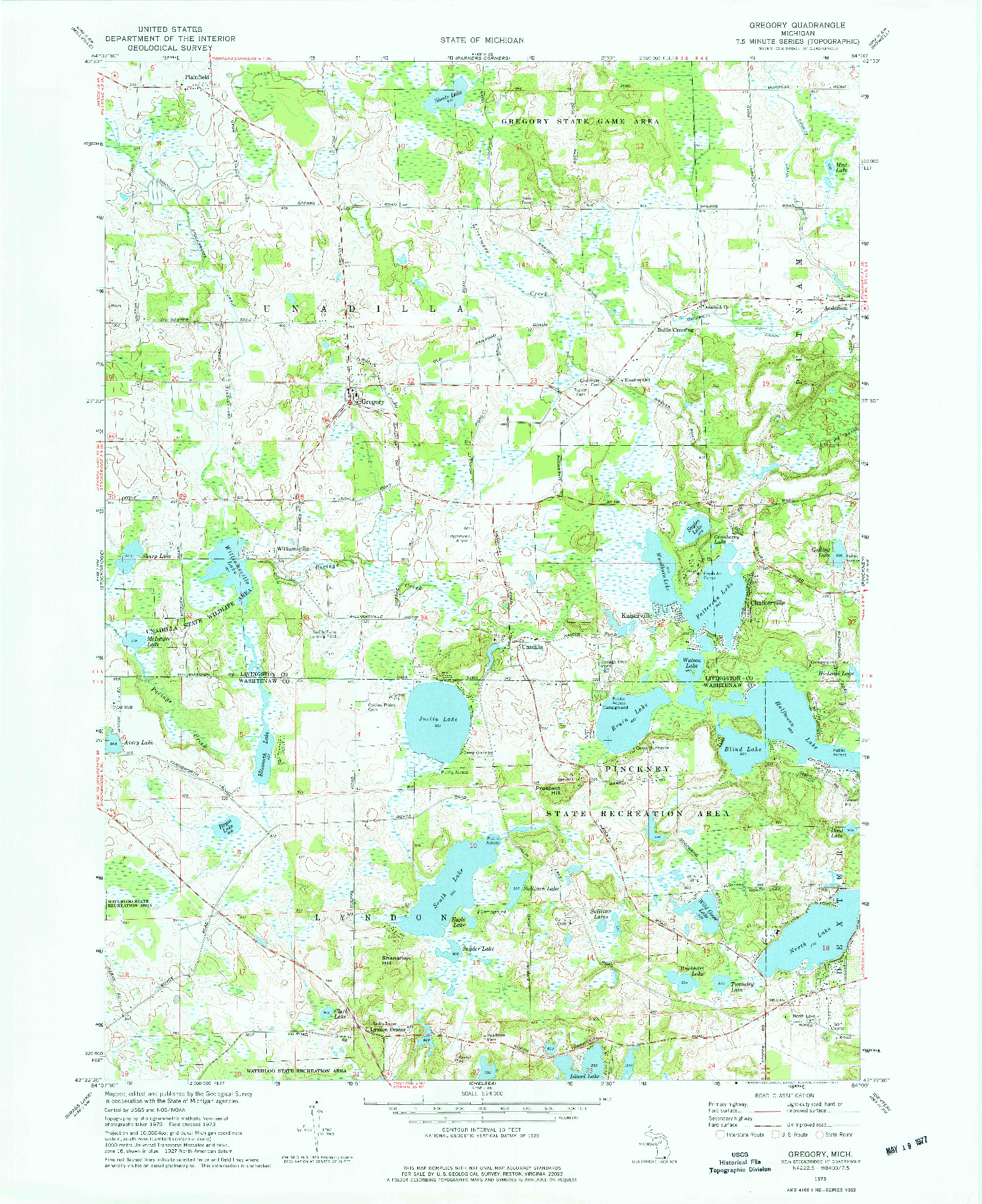 USGS 1:24000-SCALE QUADRANGLE FOR GREGORY, MI 1973