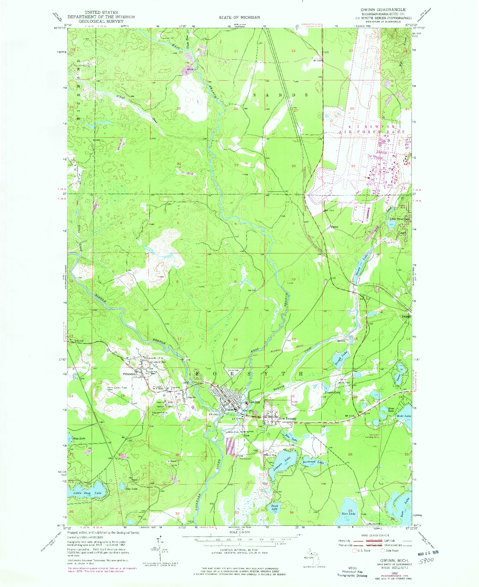 USGS 1:24000-SCALE QUADRANGLE FOR GWINN, MI 1952