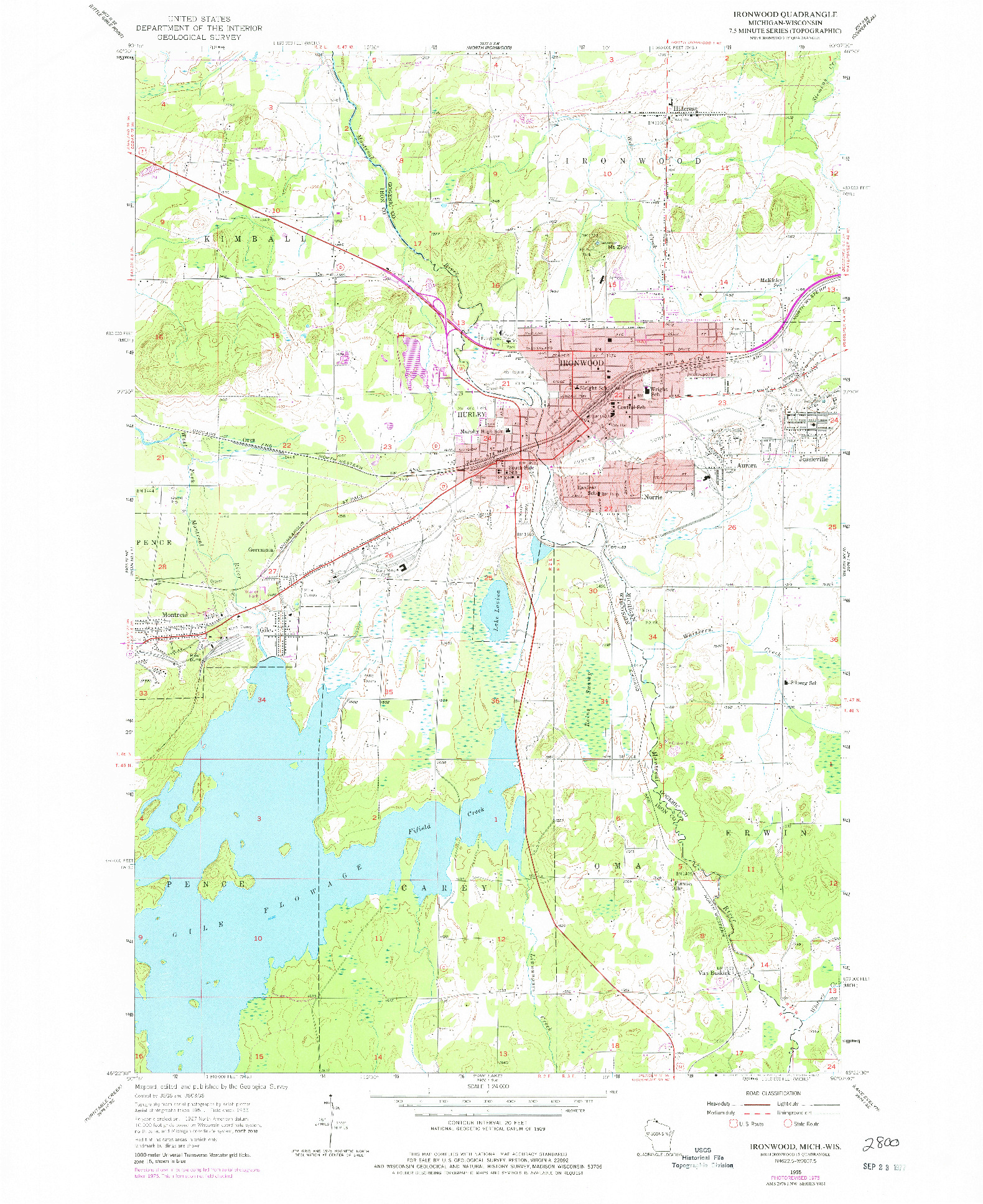 USGS 1:24000-SCALE QUADRANGLE FOR IRONWOOD, MI 1955